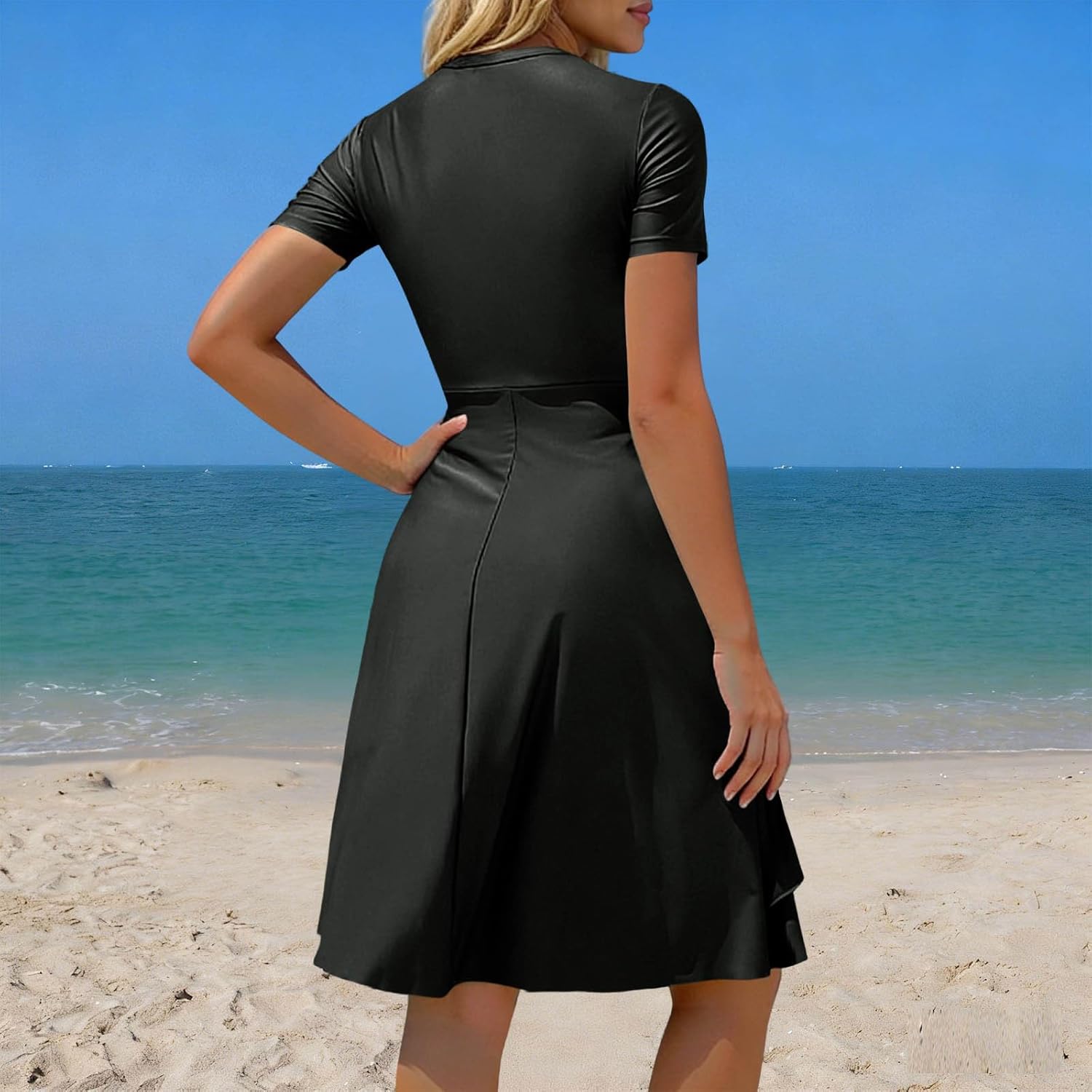 HGps8w Women's Short Sleeve Rash Guard Zipper Front Two Pieces Swimsuits Full Coverage Modest Swimwear Bathing Suits