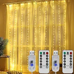 Cortina de Luz 3 x 3 m 300 LED USB Com Controlo Remoto, 8 Modos, IP44 Impermeável, Função de Sincronização Para Natal, Casamentos, Festas, Janela, Quarto - Branco Quente