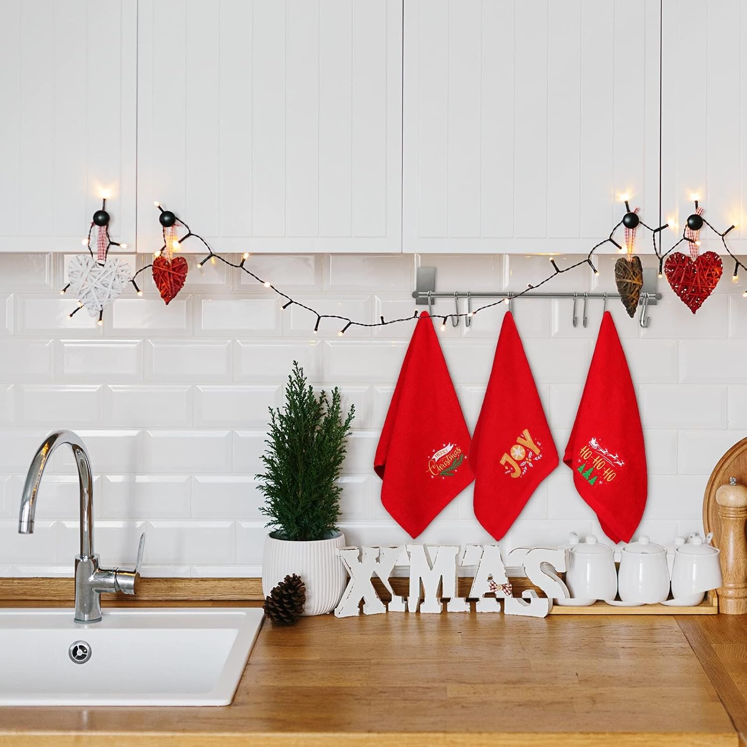 MCEAST 3 Pack Large Size Christmas Hand Towels 25 x 14 Inch Christmas Kitchen Towel 100% Cotton Towels Decorative Embroidery Holiday Towels for Bathroom Kitchen Dining Room, Red - Image 7