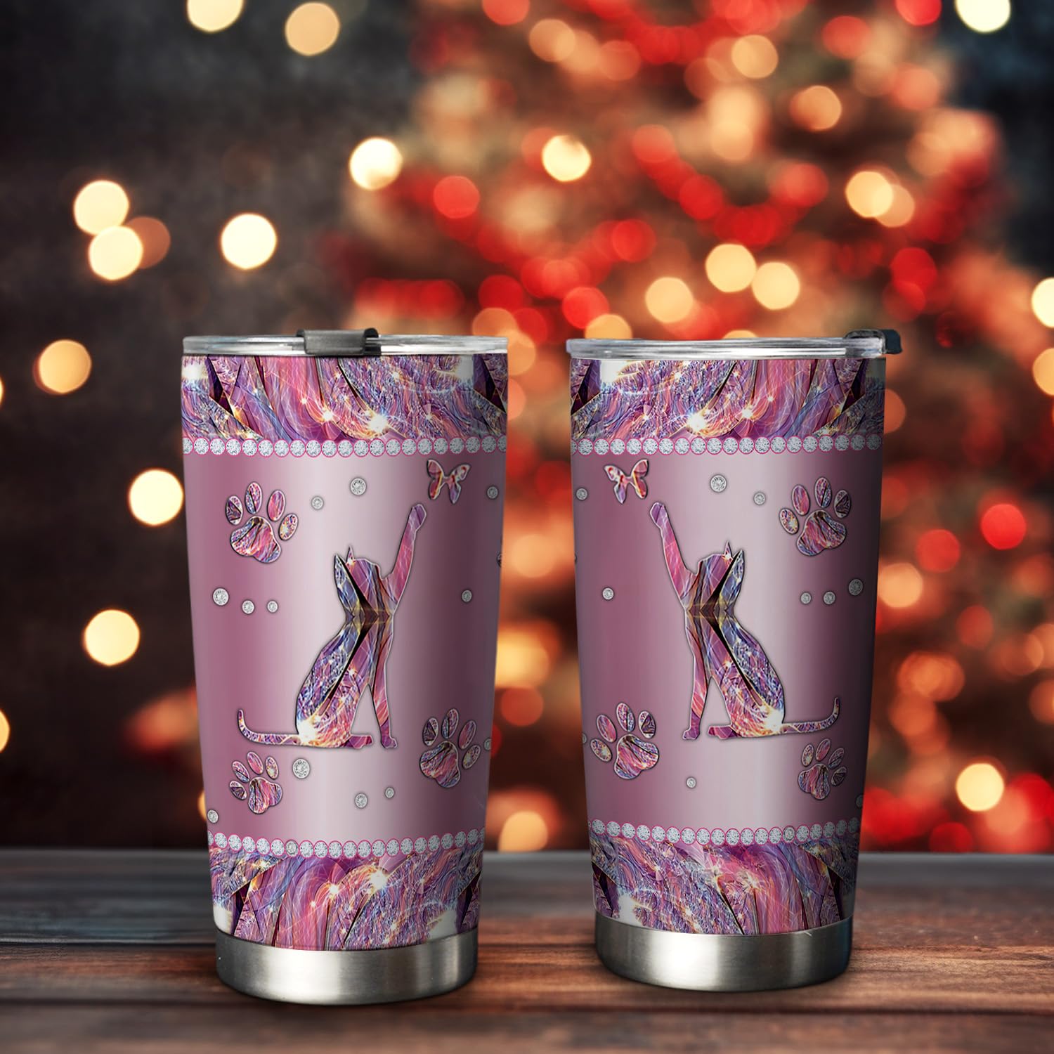 20oz Printed Pink Jewelry Cat Coffee Tumbler, Cat Gifts for Cat Lovers, Coffee Thermos for Women, Pink Cat Tumbler Cup, Stainless Steel Double Wall Vacuum Insulated Travel Coffee Mug with Lid