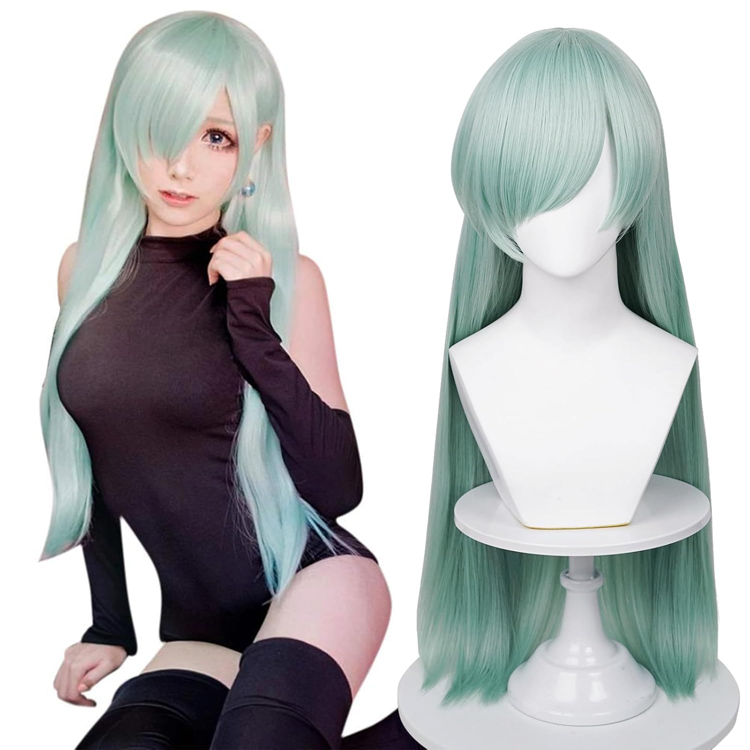 Probeauty Long Green Cosplay Wig Mint Anime Striaght Wigs + Hair Cap for Halloween Costume Party