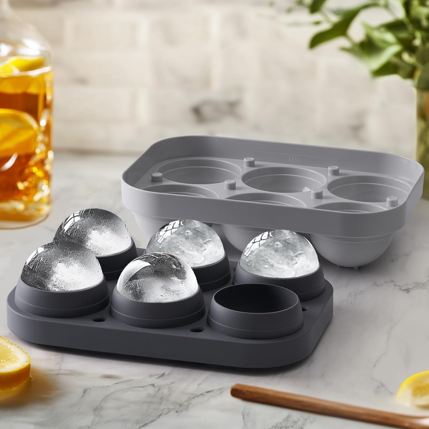 Winrock 2.5inch Spherical Ice Ball Tray For Whiskey, Big Ice Freezer Mold for Cocktails，Easy Fill In & Release Ice Cube Mold, Durable &Reusable Spherical Ice Maker (Steel Grey)