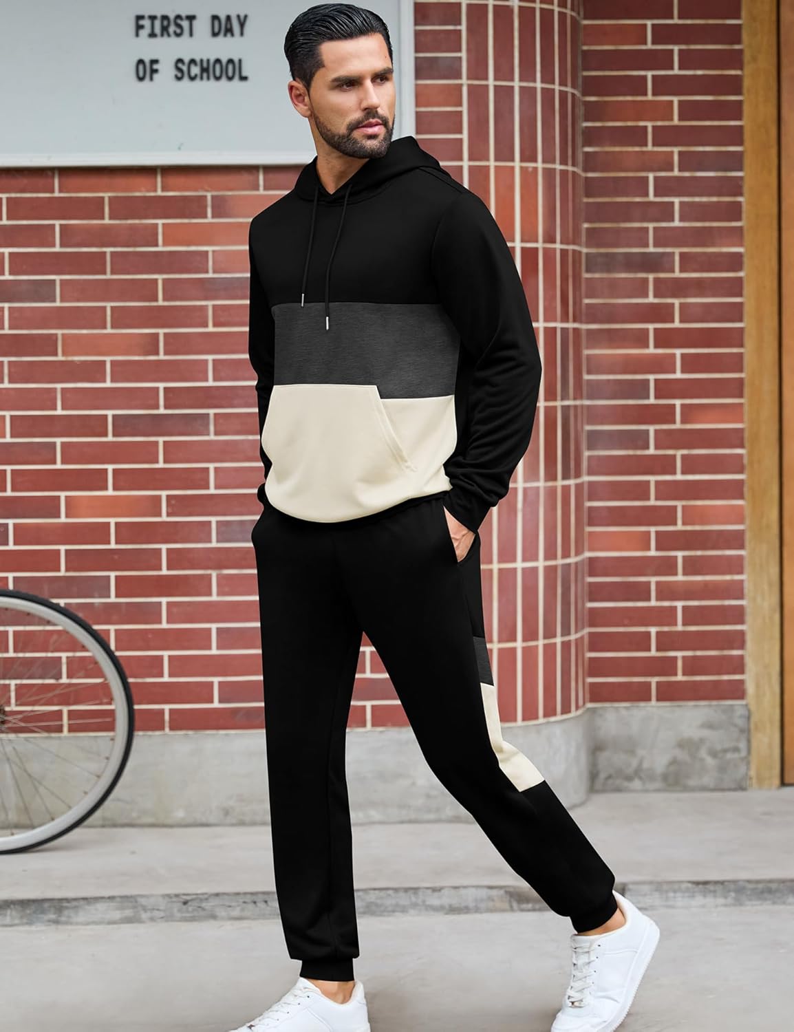 LecGee Men's 2 Piece Outfits Color Block Hoodie Sweatshirt Jogger Pants Set Casual Athletic Sweatsuit for Men - Image 2