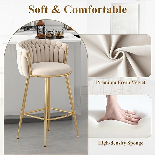 Miniatura 4 de Juego de 2 Taburetes de Altura de Mostrador, Taburetes de Bar de Terciopelo con Altura de Asiento Tapizado de 27 Pulgadas, Respaldo y Reposabrazos