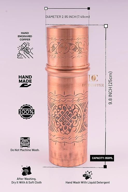 El Yapımı Bakır Su Matarası, 950 ml, Kadife Kutulu