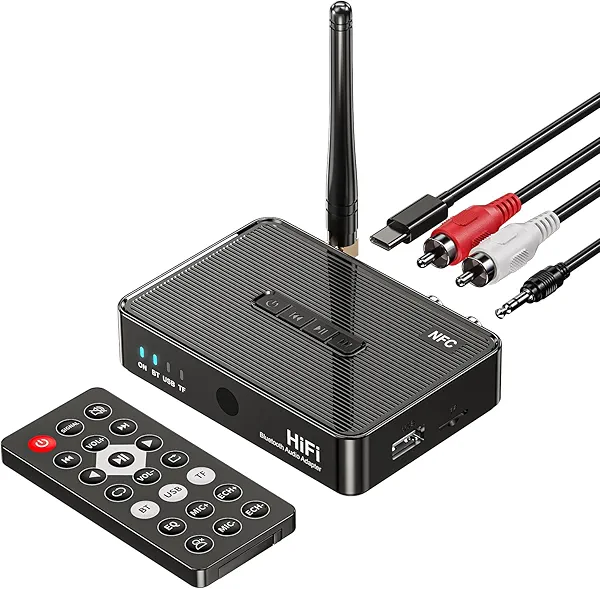 MOREGAX 5.1 Bluetooth Receiver with Remote Control, Audio Adapter for Home Stereo/Speakers, Supports RCA, 3.5 mm AUX, USB, TF Card, NFC