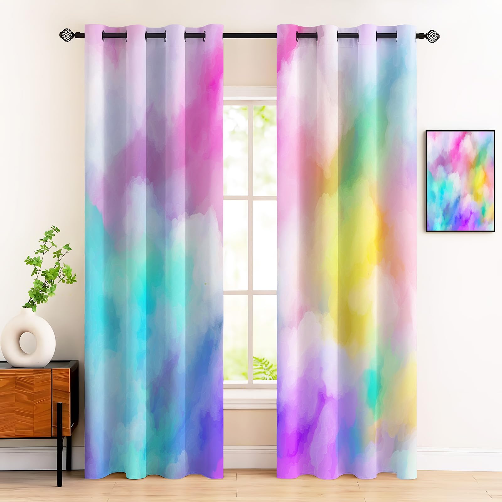 Rideaux occultants style aquarelle rose 140x160 pour isolation fenêtre
