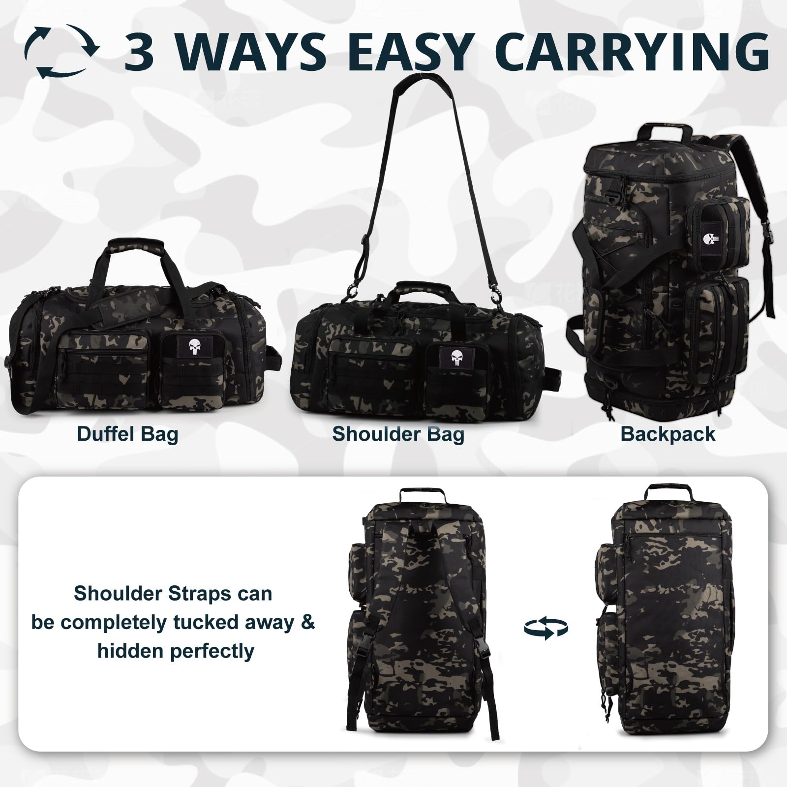 Taktische Sporttasche 50L 3-in-1 Reisetasche mit Schuhfach Wasserabweisender Reiserucksack Weekender Übernachtungstasche