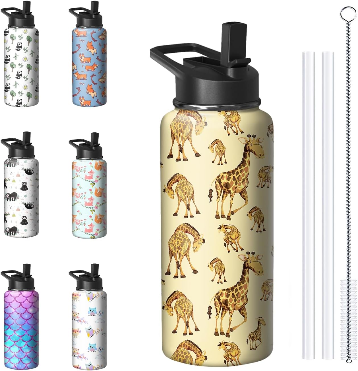 32oz Giraffe Lovers Water Bottle with Handle and Flip Straw, Giraffe Sports Stainless Steel Insulated Cup Travel Coffee Mug Tumbler, Birthday Mothers Day Chritmas Gifts for Women