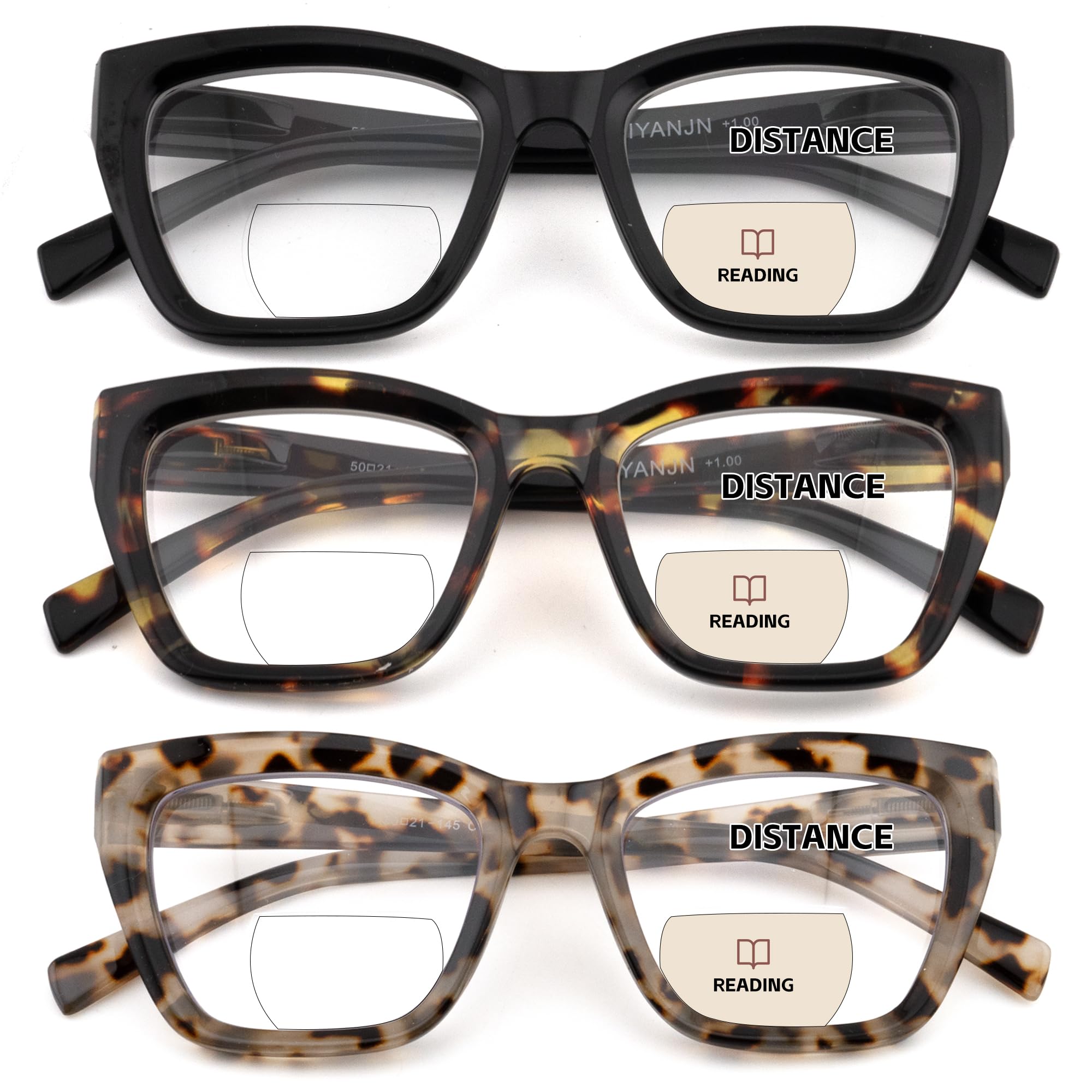 Photo 1 of HIYANJN Bifocal Reading Glasses For Women Men 3 Pack Fashion Cat Eye Computer Readers Clear Top Oversized Eyeglasses 2x