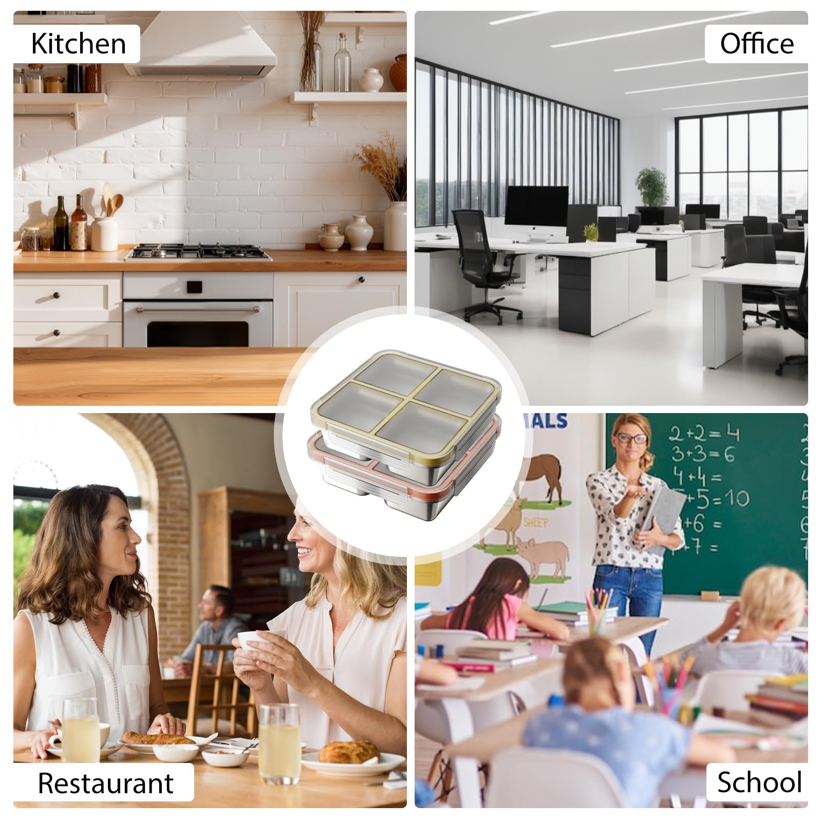 PORFOYO Set di 2 contenitori per alimenti per adulti con scomparti, in acciaio inox, 720 ml, suddivisi in quattro volte, contenitore per il pranzo in metallo, per adulti e bambini