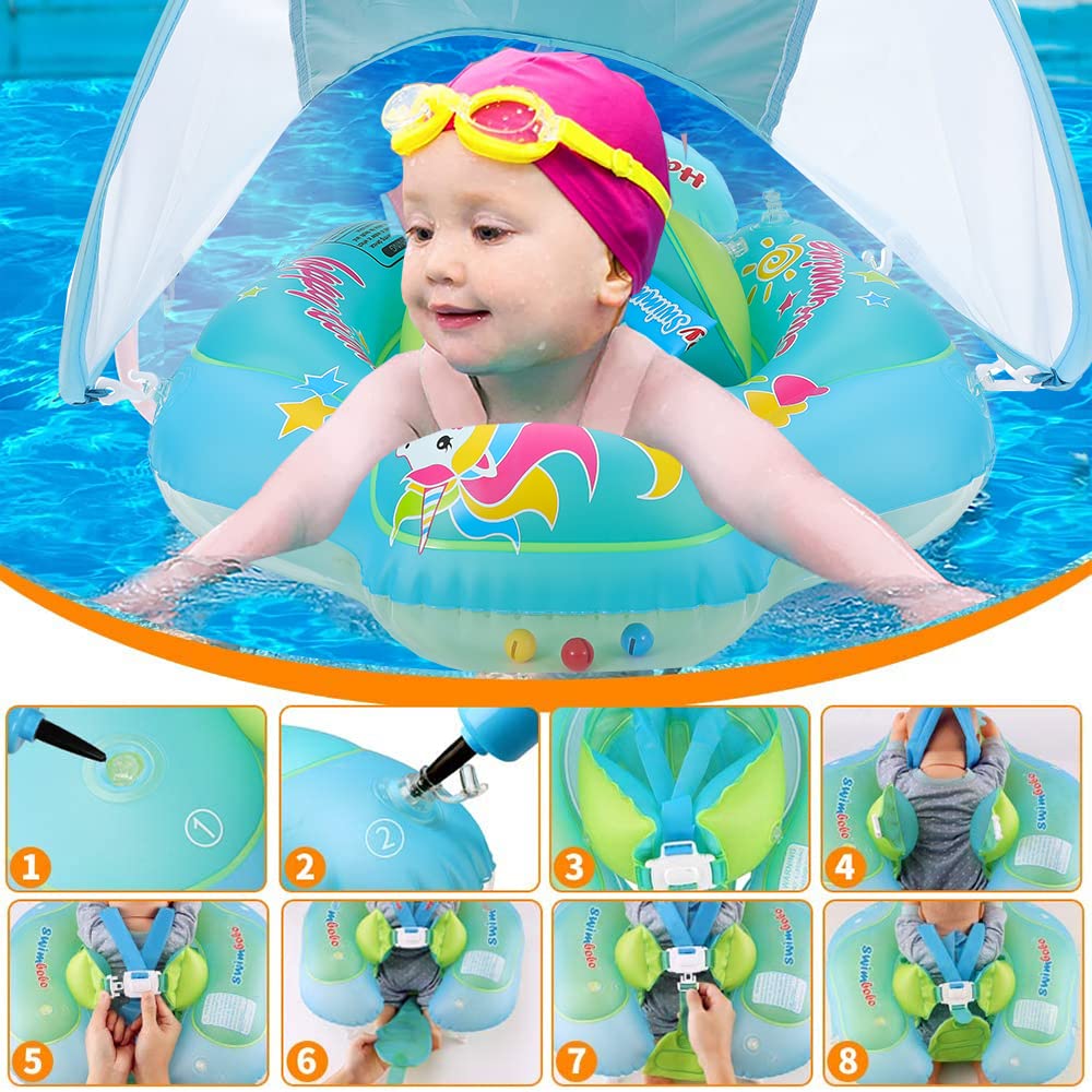 Baby Schwimmring mit abnehmbarem sonnendach,Schwimmhilfe verstellbare Schultergurte,Schwimmtrainer,mit aufblasbarer Swimming Float für ab 3-36 Monate.