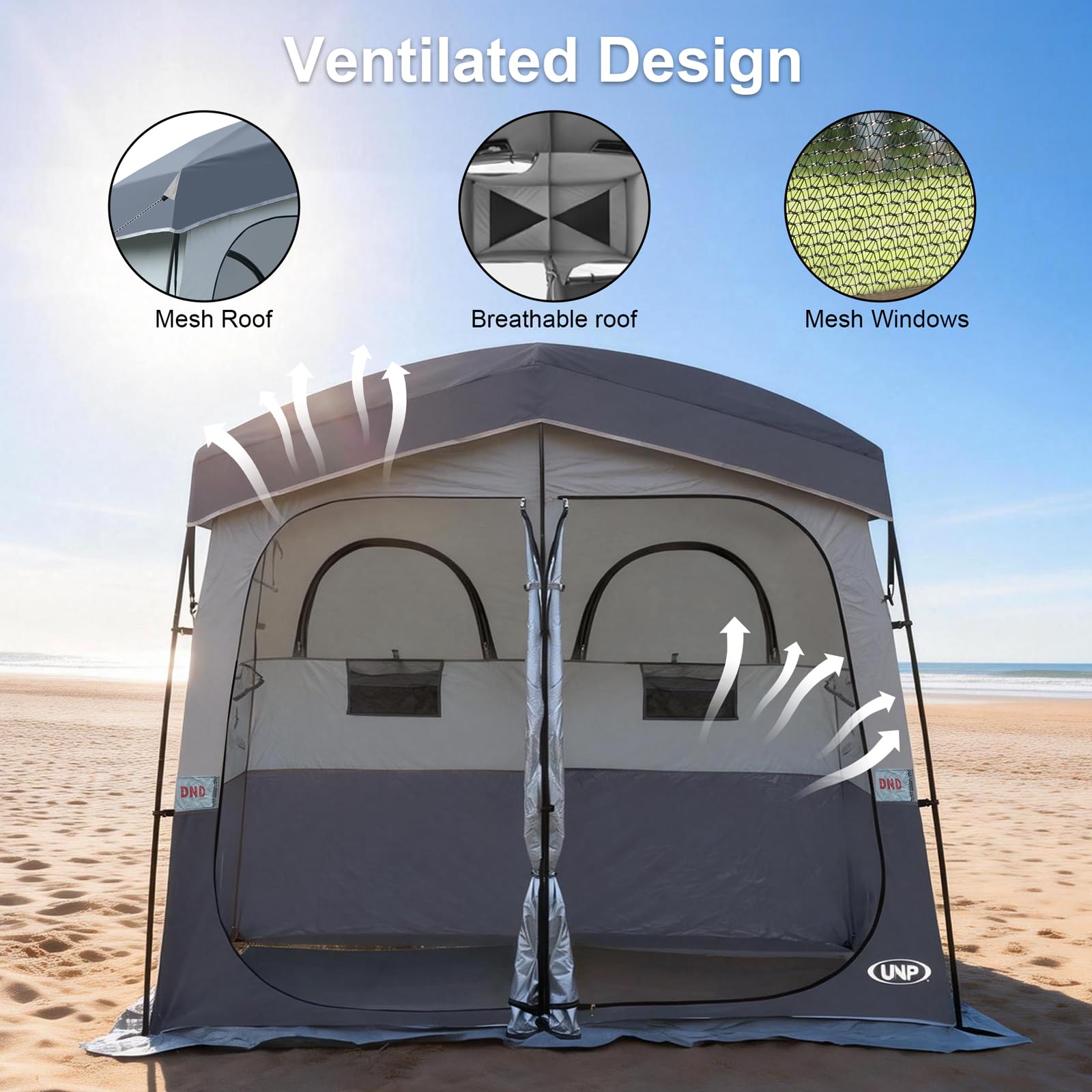 UNP Duschzelt 2 Zimmer, Tragbares Sichtschutzzelt Outdoor Camping Toilettenzelte Einfacher Aufbau, Ankleidezimmer für Strand, Camping & Wandern (Grau)