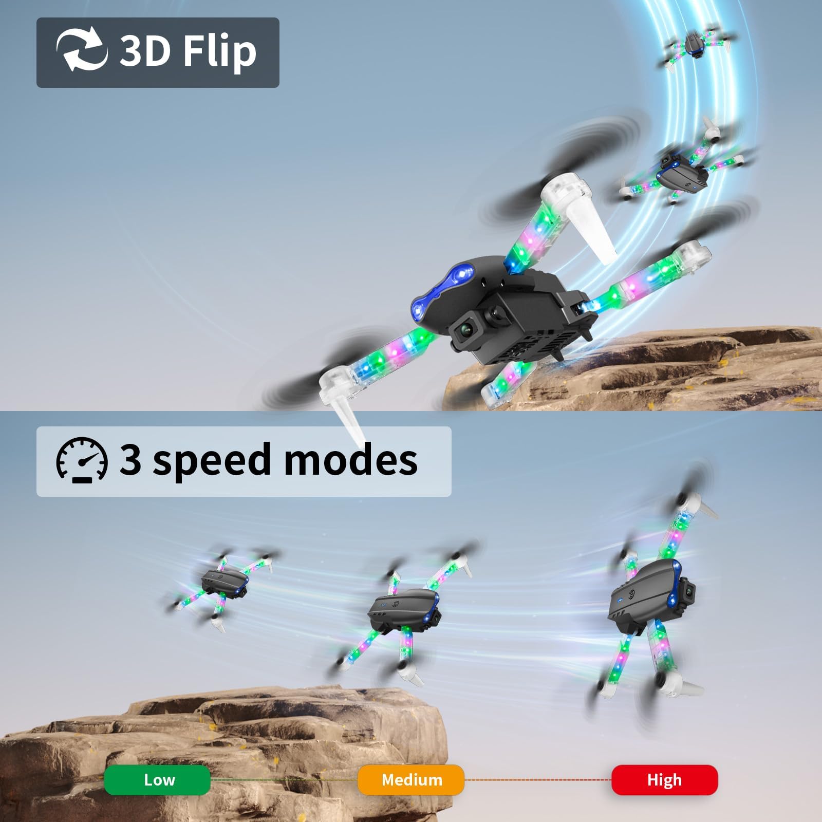 OBEST Drones con Camara 1080P y Luz LED Colores, FPV Plegable RC Drone | Modo sin Cabeza Giro 360° Foto Gesto 2 Batería20 Mins Despegue/aterrizaje un clic, Regalos Navidad Juguetes para Adultos