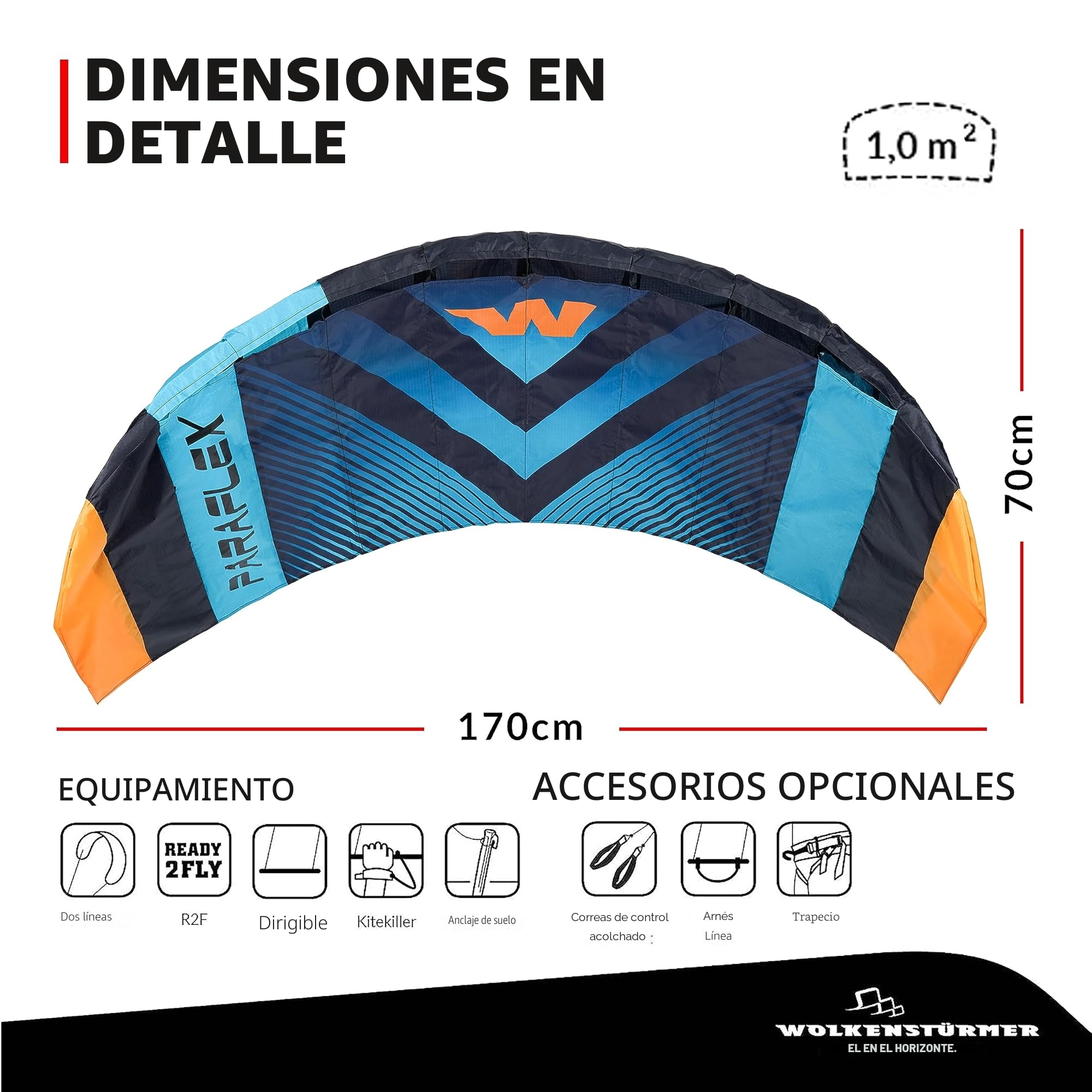 Wolkenstürmer Paraflex Sport 1.7 Alfombra de dirección de 2 líneas (Turquesa) - Alfombra de dirección Ready to Fly con Manillar - Cometa de Dos líneas para jóvenes y Adultos