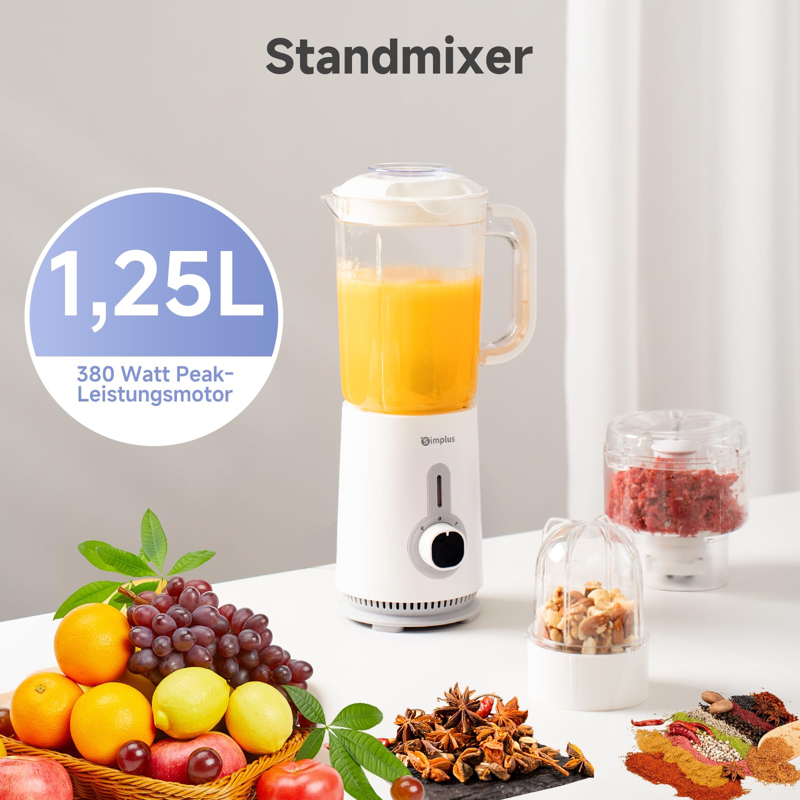 SIMPLUS 3-in-1 Standmixer & Smoothie Maker mit 1,25L Mixbecher, 500ml Fleischwolf & 300ml Mahlbecher, 3 Geschwindigkeitsstufen mit Pulsfunktion, Edelstahlmesser