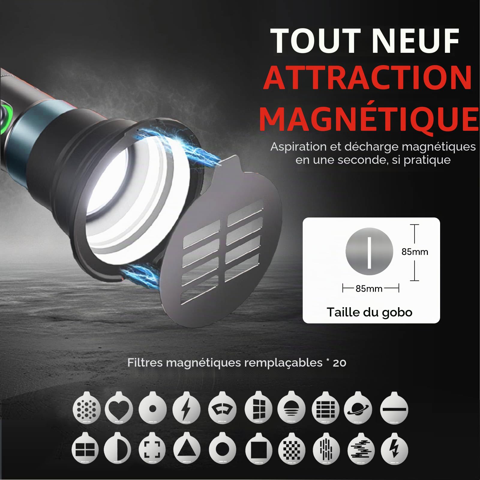 PHOTOOLEX Lampe Torche LED Portable 4 Couleurs avec 20 gobos magnétiques, projecteur Vidéo 8400 mAh, éclairage Studio LED 10W pour la Photo et la création de Contenu. Accessoires