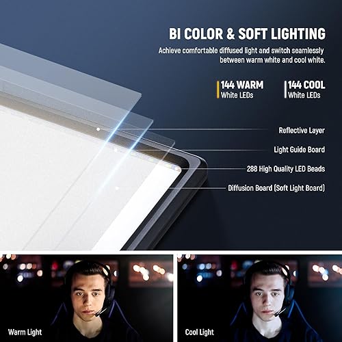 Miniatura 4 de Neewer Kit de iluminación LED de 18 pulgadas con panel de luz de video con control remoto, paquete de 2 unidades de 45 W regulable bicolor + soporte