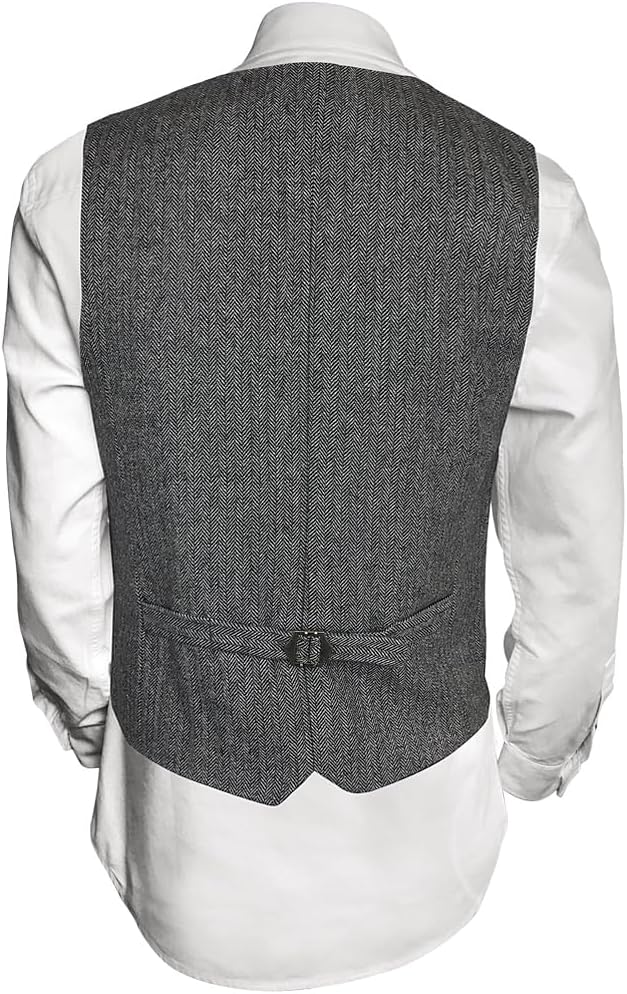 The Celtic Ranch Men’s 50% Wool Tweed Vest, Full Back with Fabric Belt, 4 Pockets, Herringbone Pattern, Grey and Burgundy - Image 5
