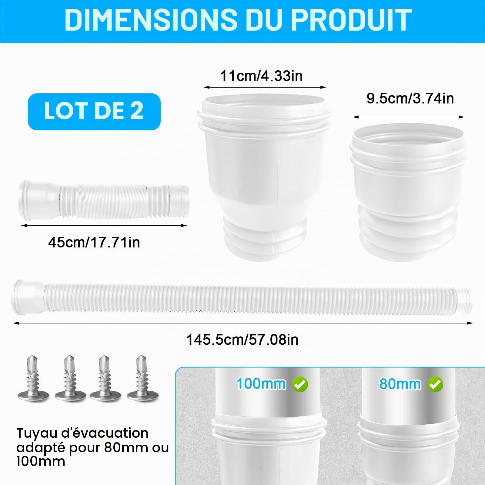 Lot de 2 rallonges flexibles de gouttière, rallonge ronde pour tuyau de descente 80/100 mm, extension de gouttière, extension de 47 à 150 cm, pour gazon/avant-toit (blanc)