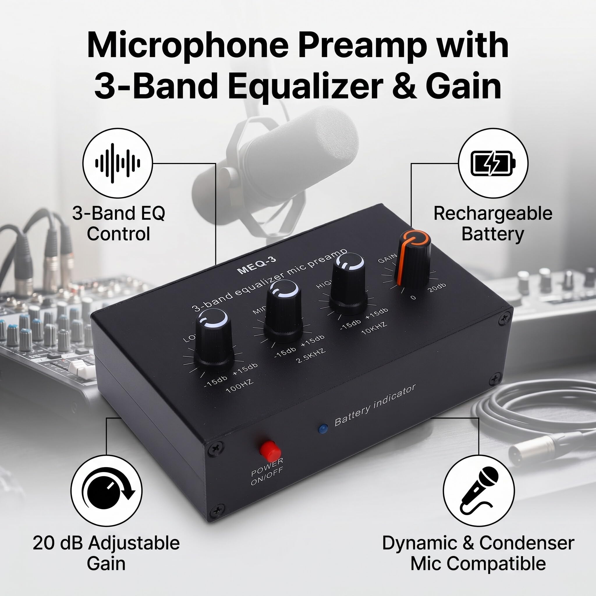 Fabater Preamplificatore Microfonico, Amplificatore di Guadagno 20 DB con Equalizzatore a 3 Bande e Circuito ALC, per Microfoni Elettrete a Condensatore Dinamici, Ingresso Uscita