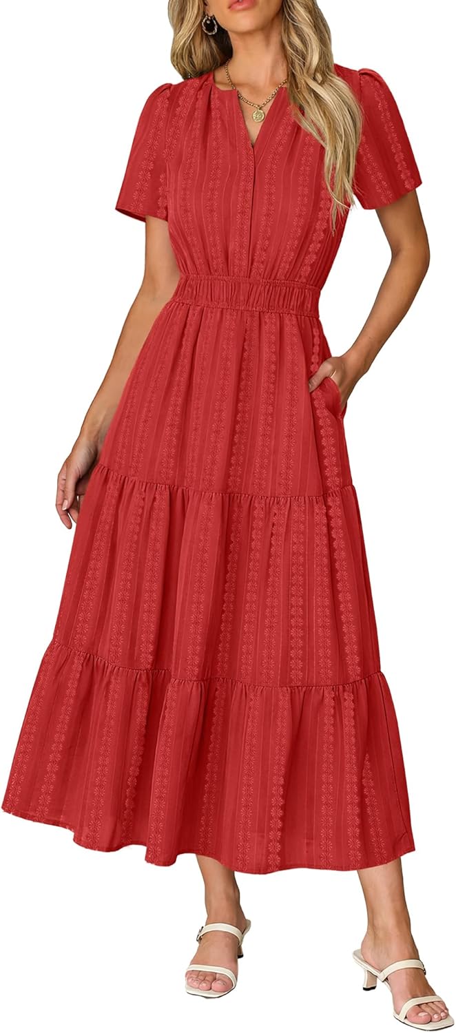RUMIA Women Casual Midi Maxi Dresses Short Sleeve V Neck Elastic Waist Vacation Dress Pockets（S-2XL