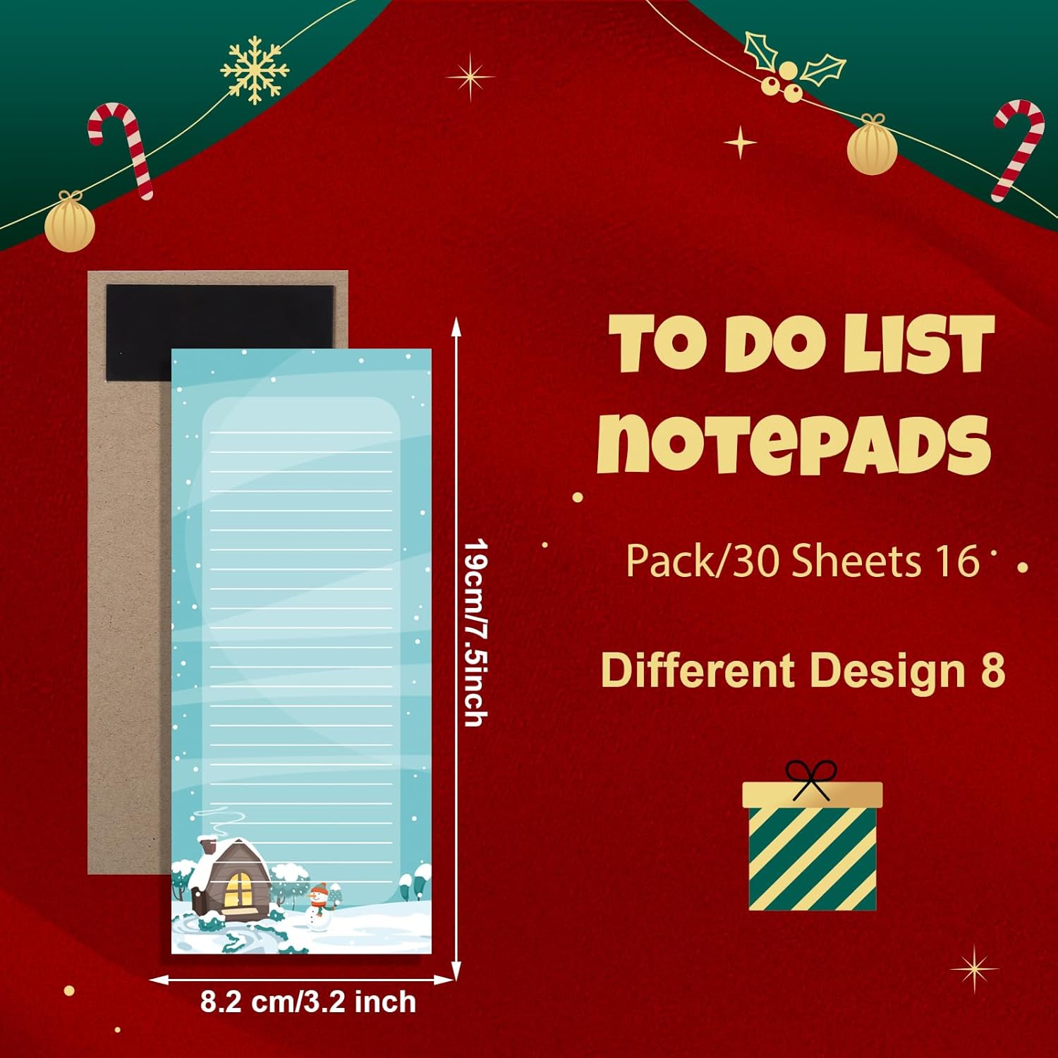 Meanplan 16 Pack Magnetic Notepad for Refrigerator to Do List Grocery Shopping List Pads Seamless Fruit Flower Design for Party Use Listing Memo Notepad(Santa Style)