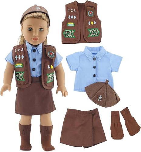 Emily Rose Ropa de muñeca de 18 pulgadas, 4 piezas, uniforme inspirado en Girl Scout Brownie- Caja de regalo Compatible con muñecas American Girl