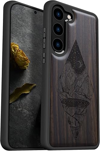 Carveit Funda de madera para Galaxy S23 Plus 2023 madera natural y poliuretano termoplástico suave negro a prueba de golpes, funda de madera única y