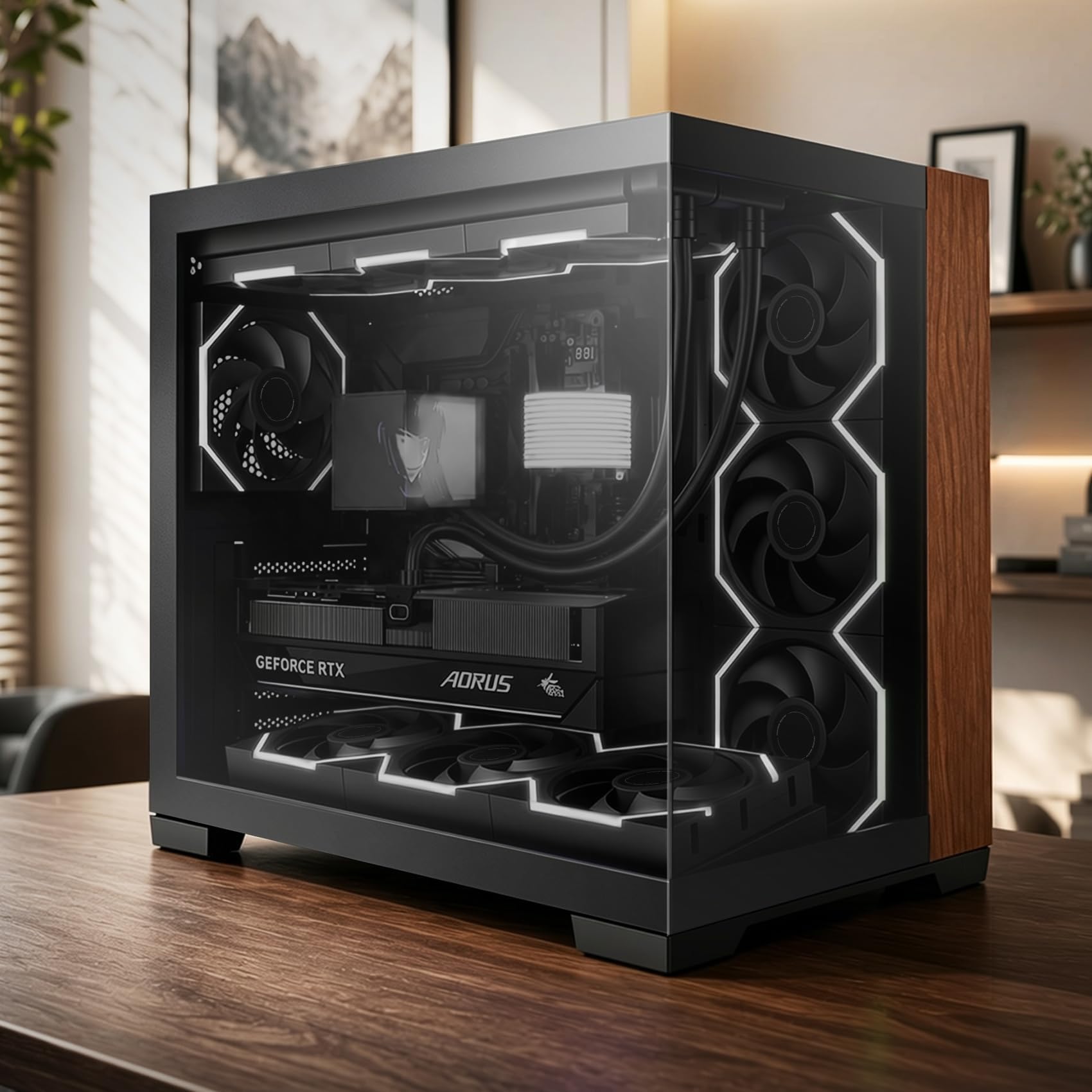 AsiaHorse SCUTUM ATX PC obudowa, panoramiczna środkowa wieża z akcentem słojów drewna, tylne połączenie ATX, szkło hartowane 4 mm, wspornik grzejnika 360 mm, typ C 20 Gb/s, wspornik wentylatora