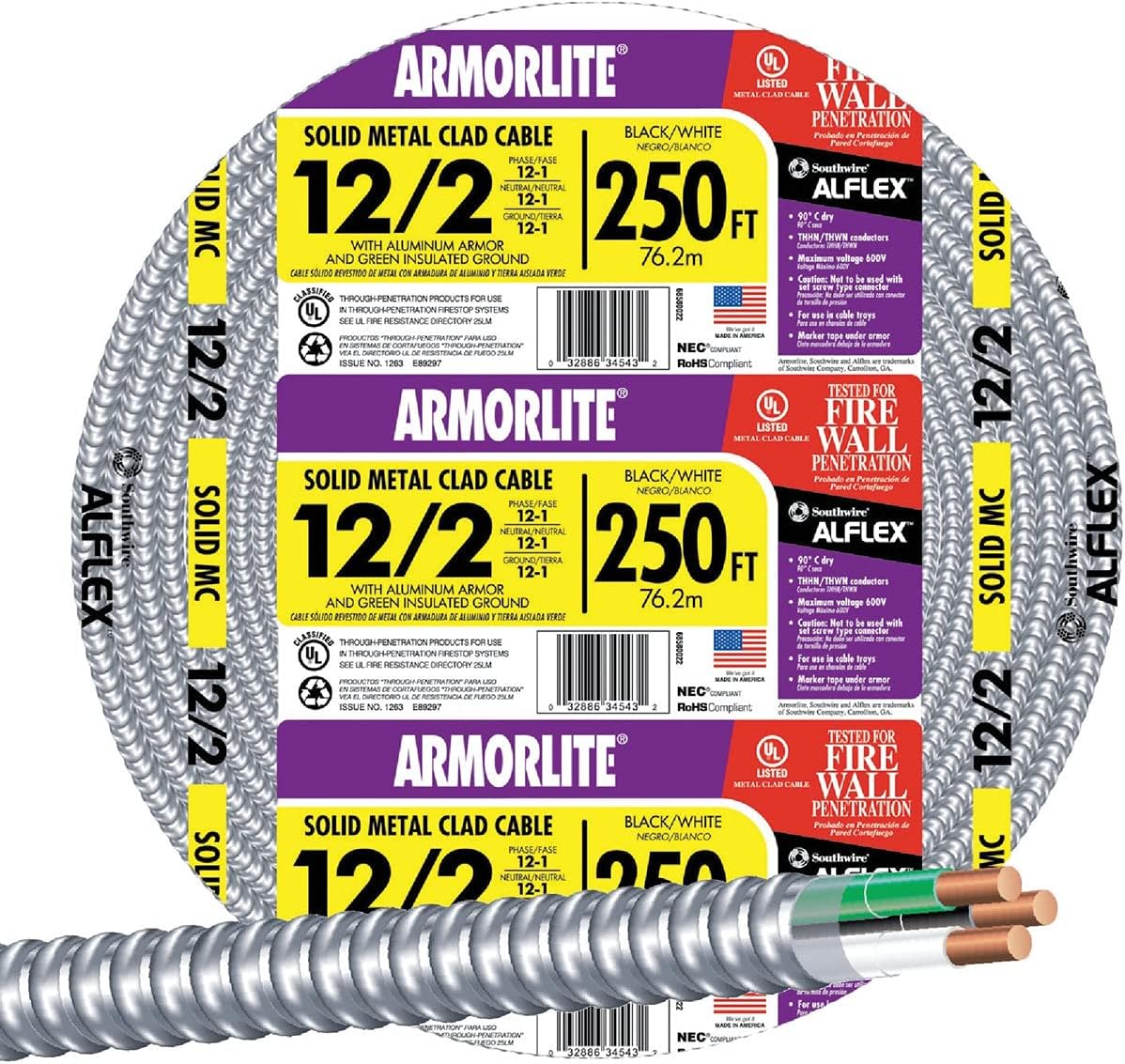 Southwire 68580055 250 ft 12/2 solid CU MC Lite Cable, Aluminum