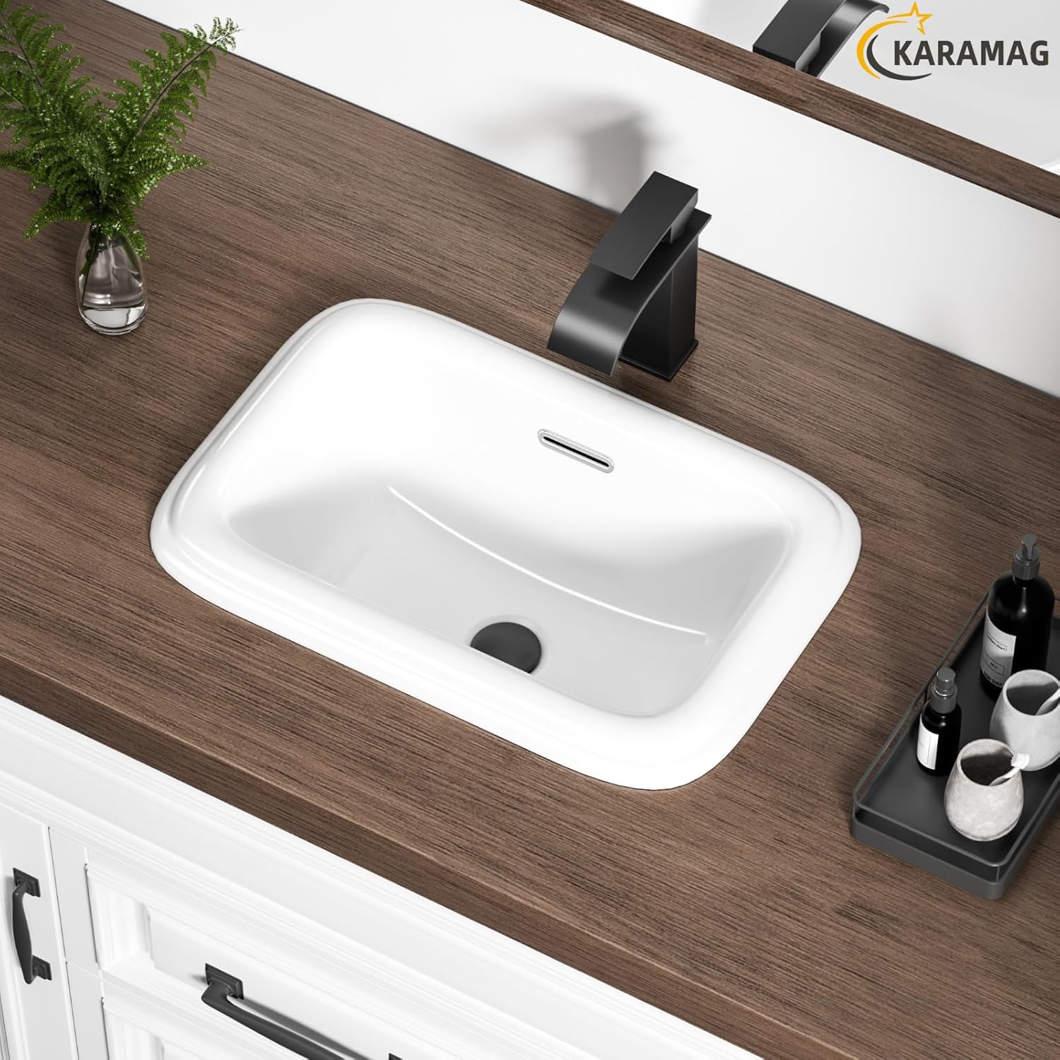 Bathroom Vessel Sink 18 Inch Drop In Bathroom Sink Rectangular Semi Recessed Bathroom Sinks with Overflow White Ceramic Modern Sinks Bowl Vanity Above Counter Basin (17.9"x12.4")