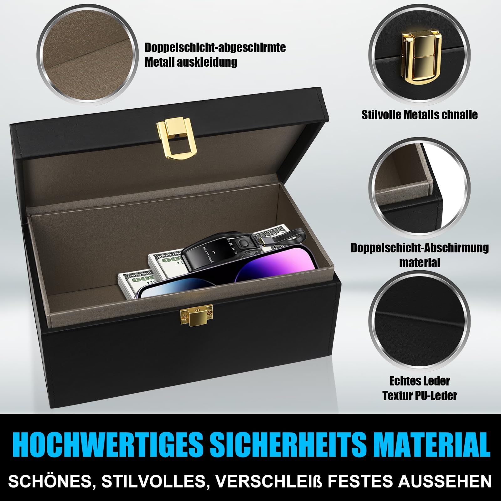 Skrzynka na Kluczyki Samochodowe Faraday Box (XL) z 2 Grubszymi Woreczkami, Ochroną Keyless Go, Skrzynka Ekranująca Sygnał RFID dla Kluczyków Samochodowych, Kart Kredytowych, 22 x 13 x 10,3 cm