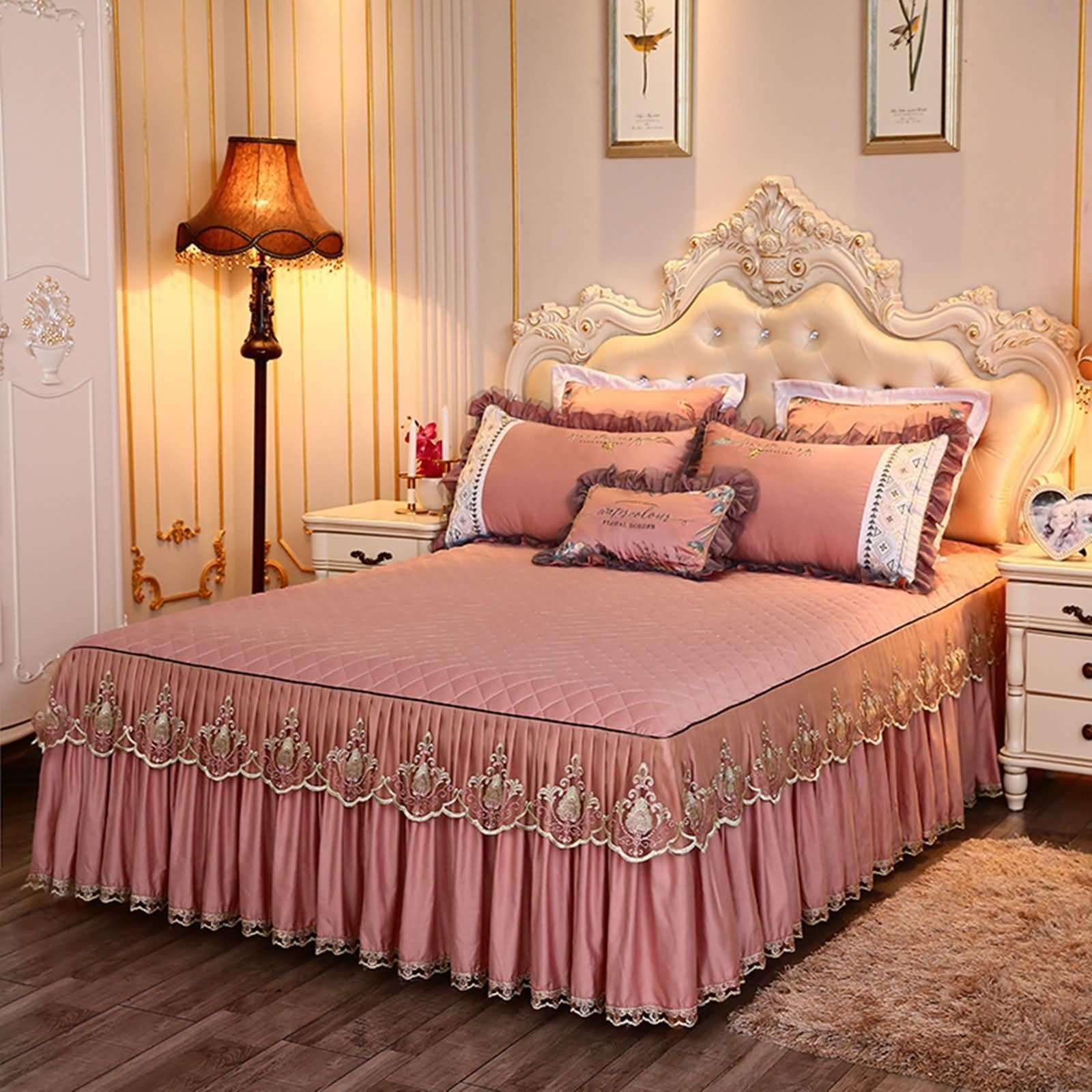 Bajera Cama,150 x 200 CM,Colcha Cama Queen Poliéster Algodón Patrón de Encaje Bordado con Color Sólido Bajera Ajustable Rosa
