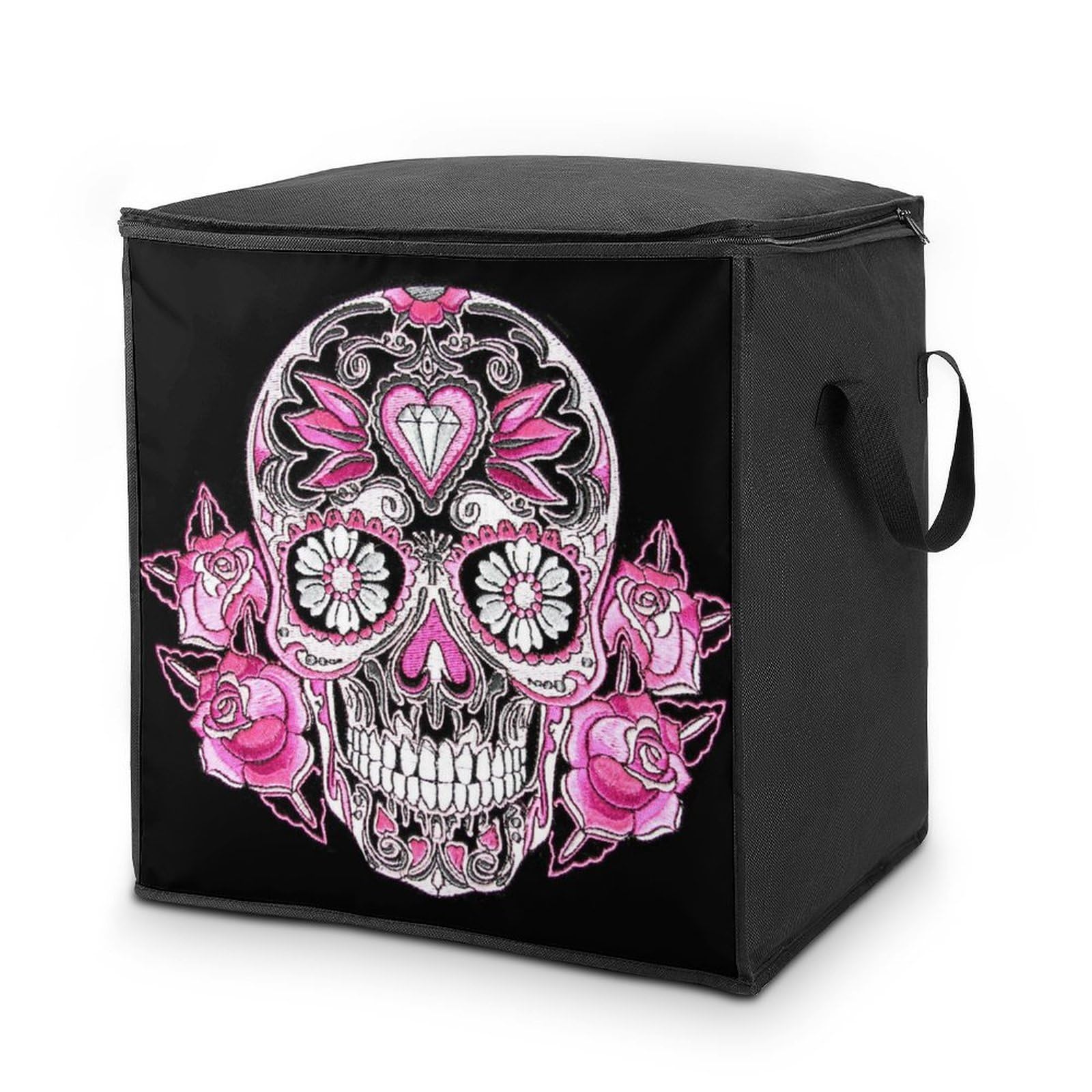 Lyfthologen 70L Storage Bags, Pink Sugar Skull Storage Box with Lid Zipper And Handles, Clothes Bags for Quilt, Blankets, Bedding