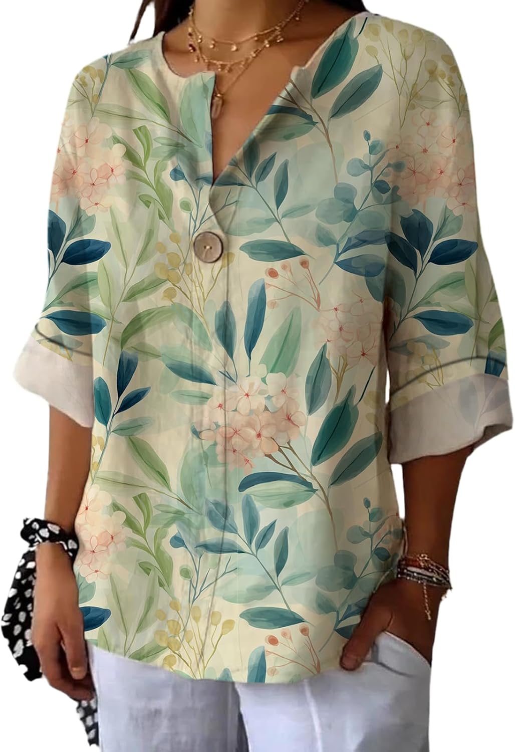 domirica Women Graphic T Shirt V Neck Rolled 3/4 Sleeve T-Shirt Boho Elegent Yoga Soft and Comfy Linen Summer Tees