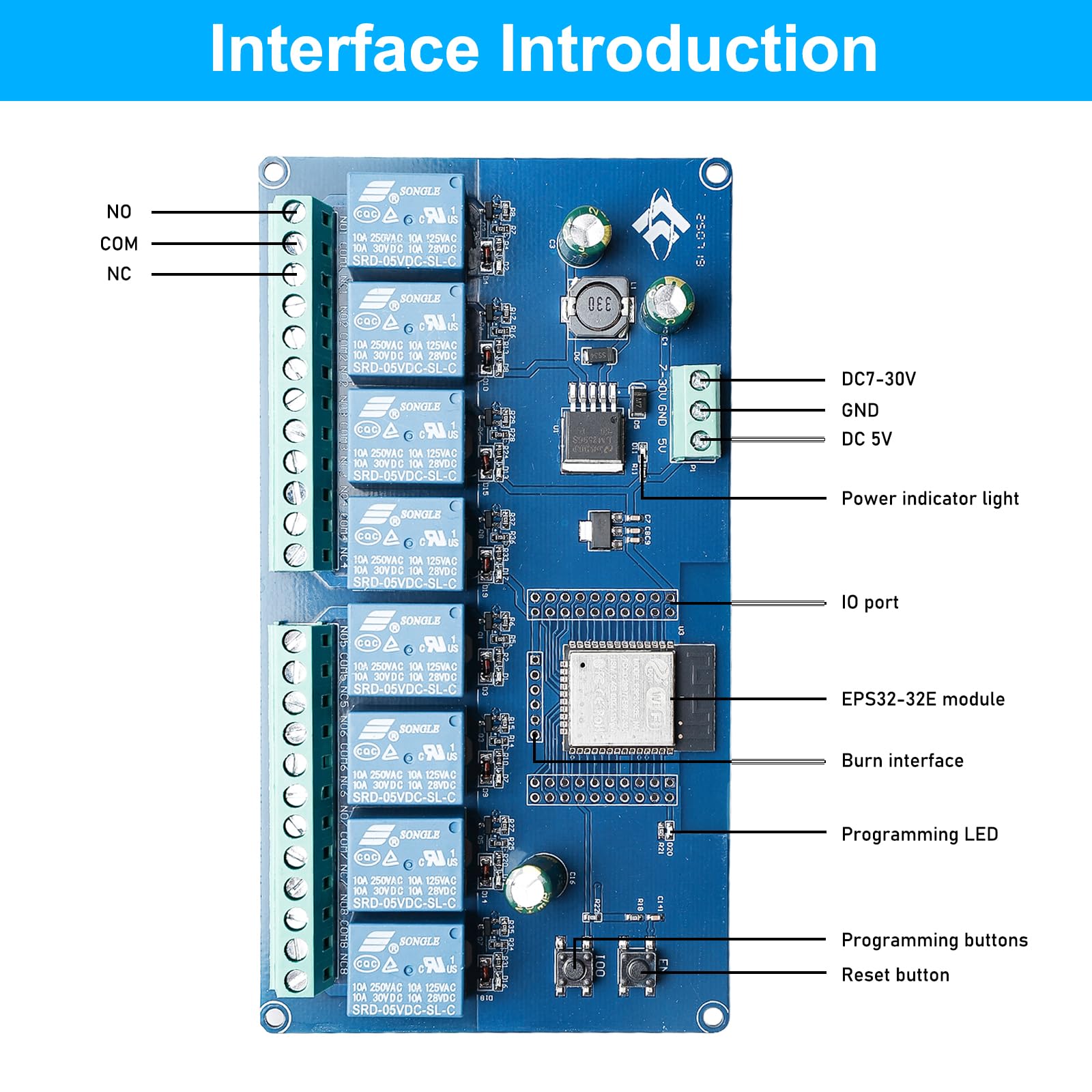 ESP modulo relè a 8 canali con ESP-32 WiFi Bluetooth, DC5-30V/AC250V, scheda di sviluppo per progetti fai da te Smart Home & IoT, facile programmazione con Arduino IDE
