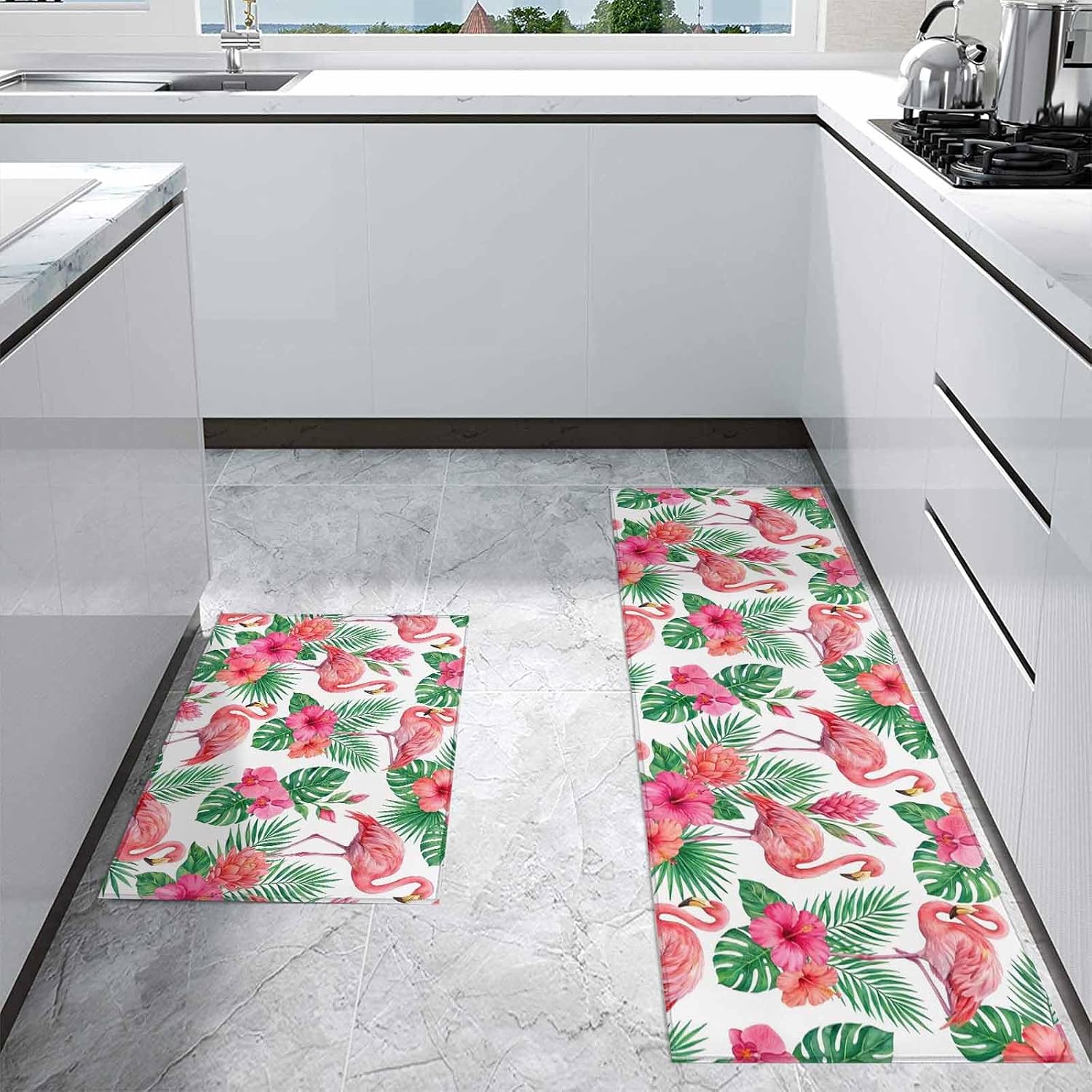 Kitchen Mats for Floor Tropical Pink Flamingo Flower Leaf Washable Non Slip Kitchen Rugs 2PCS, Summer Animal Botanical Absorbent Standing Mats for Sink Office Living Room 15.7x23.6in+15.7x47.2in