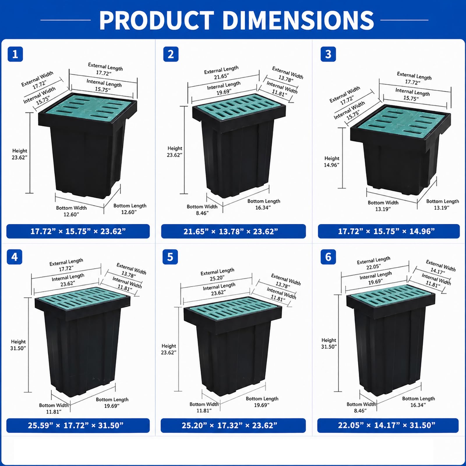 Lavabo grande para drenaje con rejilla de fibra de vidrio y cesta de escombros, lavabo cuadrado de captación de drenaje, sistema de drenaje de agua de lluvia de polietileno resistente para patio