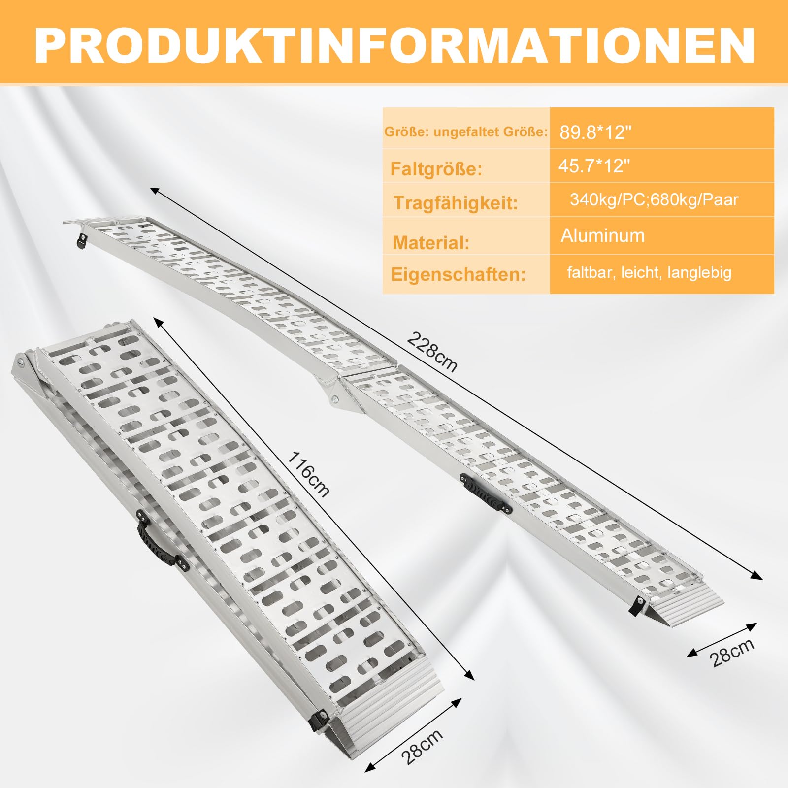 gardhom 2X Rampe Auto Klappbar 228x28x4.5cm Auffahrrampe PKW 680kg Alu Laderampe für Anhänger, Motorrad Fahrradrampe für Treppe