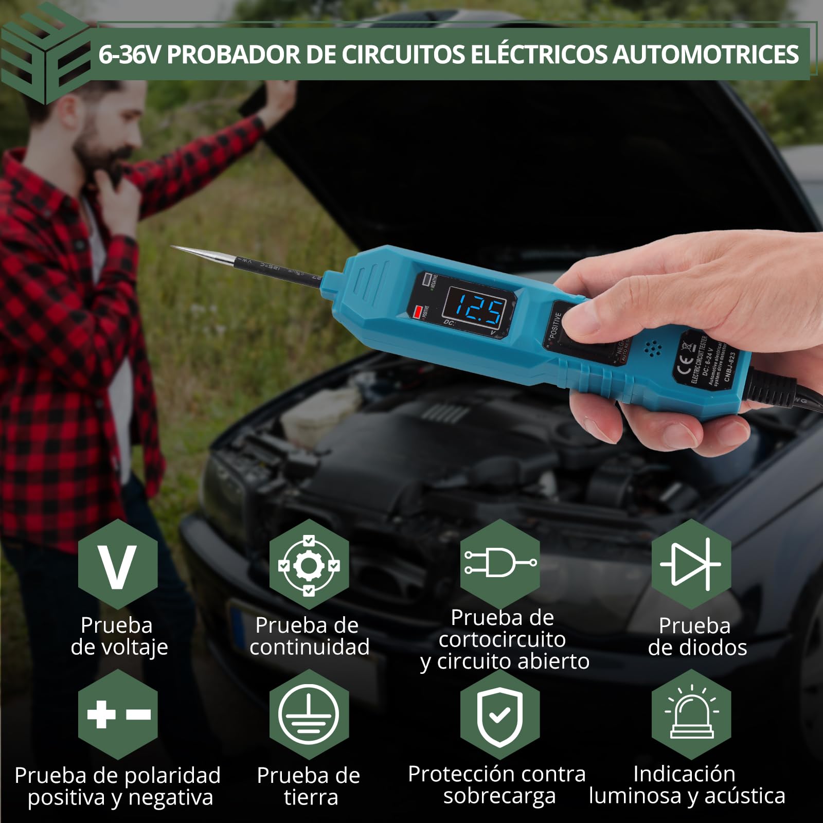 EYPINS 6-36V Probador de Circuitos Automotriz, Comprobador de Corriente y Fusibles Coche con Pinzas de Cocodrilo,2 LED y Bolsa de Transporte, Pantalla LCD, Cable 4.5m para Taller y Mecánicos