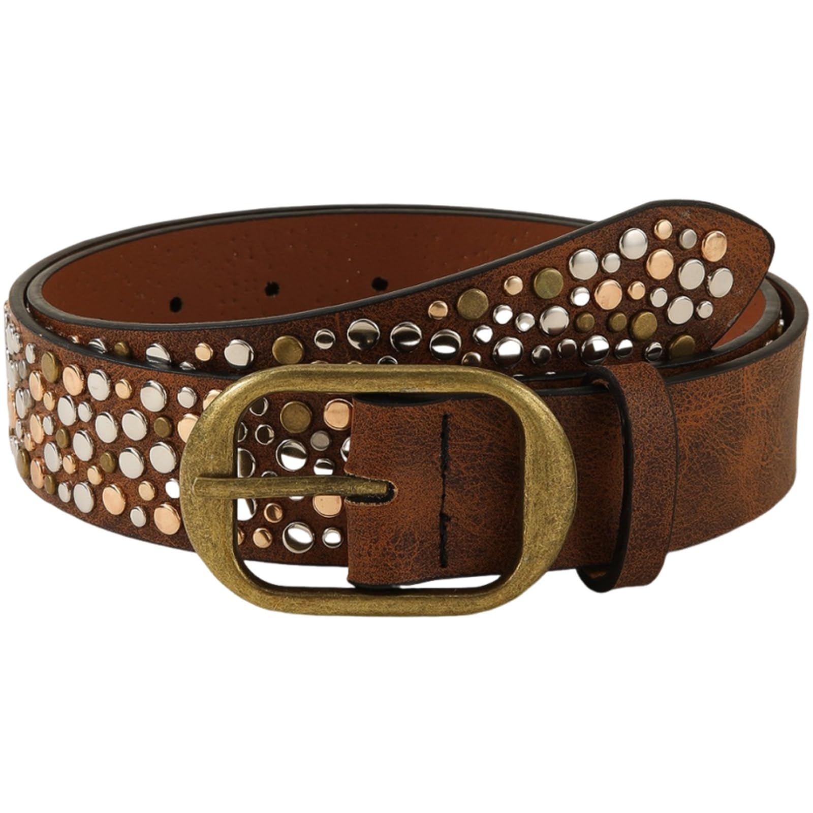 AGUTALITHIC Studded Belts with Punk Rock Bright Metal Irregular Round Rivets Goth 3.3cm Wide PU-Leather Strap for Women Men(110cm/43, Brown)
