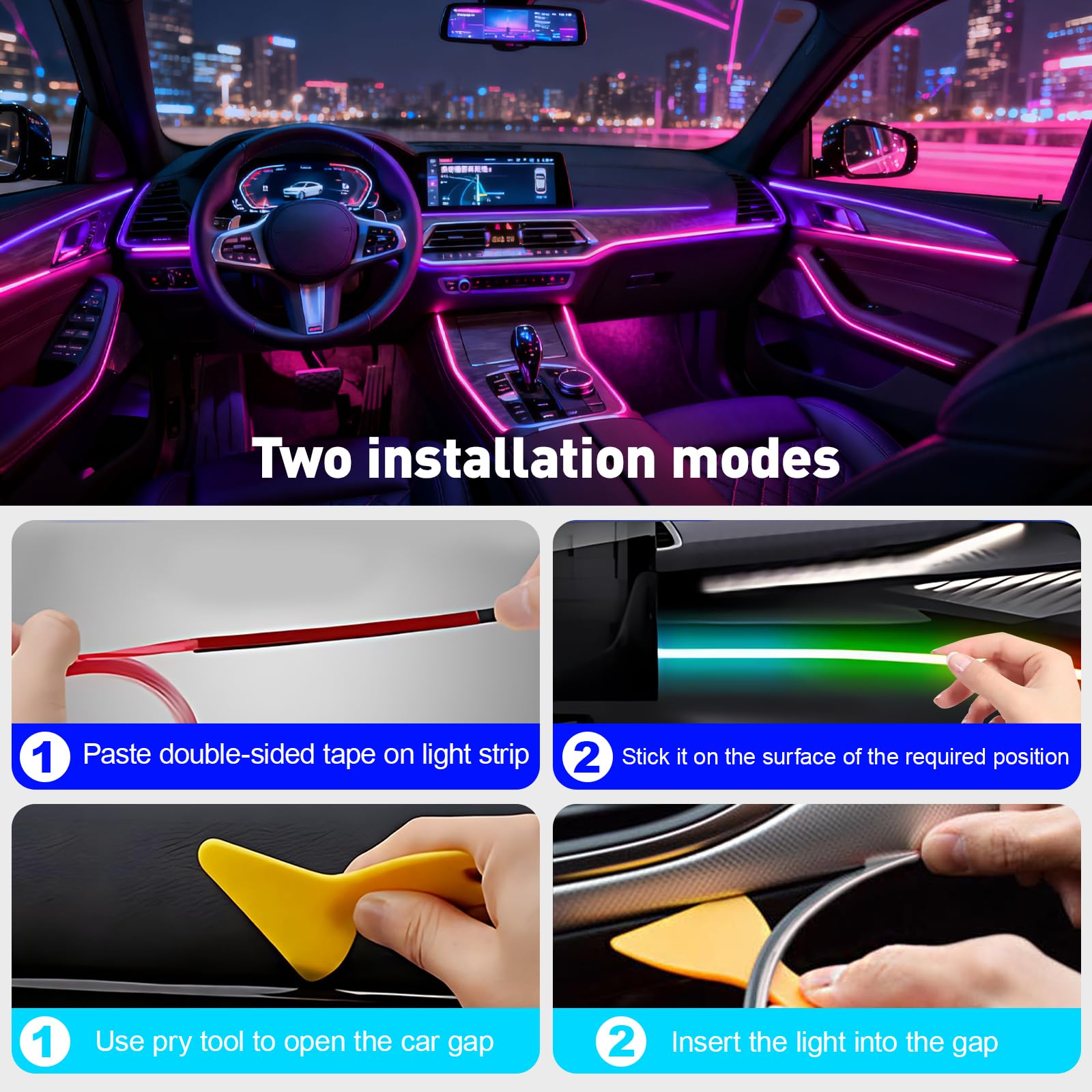 6 in 1 Acrylique Voiture LED Intérieure Éclairage, 168 LEDs RGB Ambiance Lumière, App + Télécommande Contrôle Contrôlable, Multicolore Ambiance Lumière