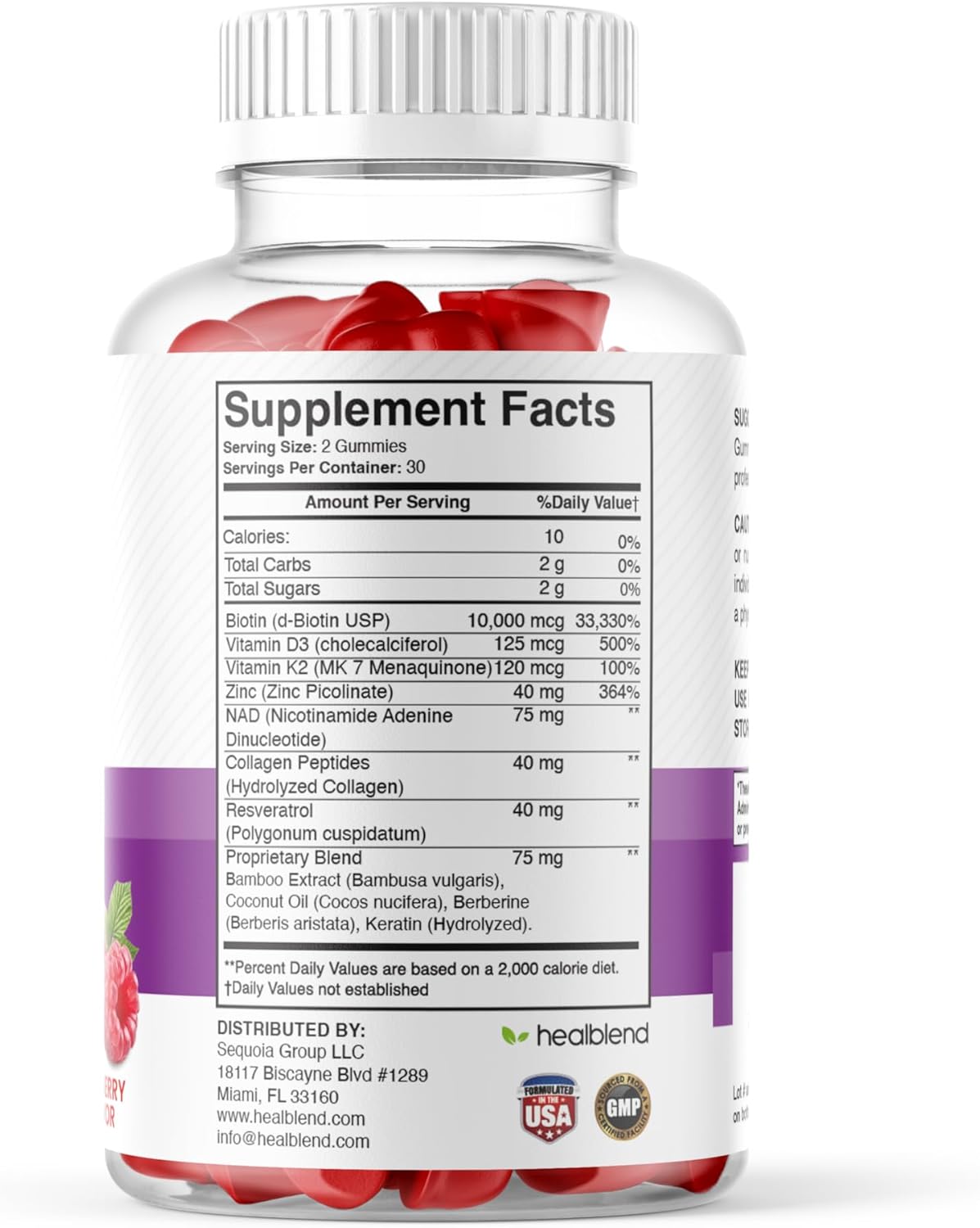 healblend NAD+ Biotin Gummies – Collagen Peptides, Resveratrol, Keratin & Berberine – Anti-Aging Hair, Skin & Nail Support – Vitamin K2 & D3, Zinc – Raspberry Flavor – 60 Gummies (1)