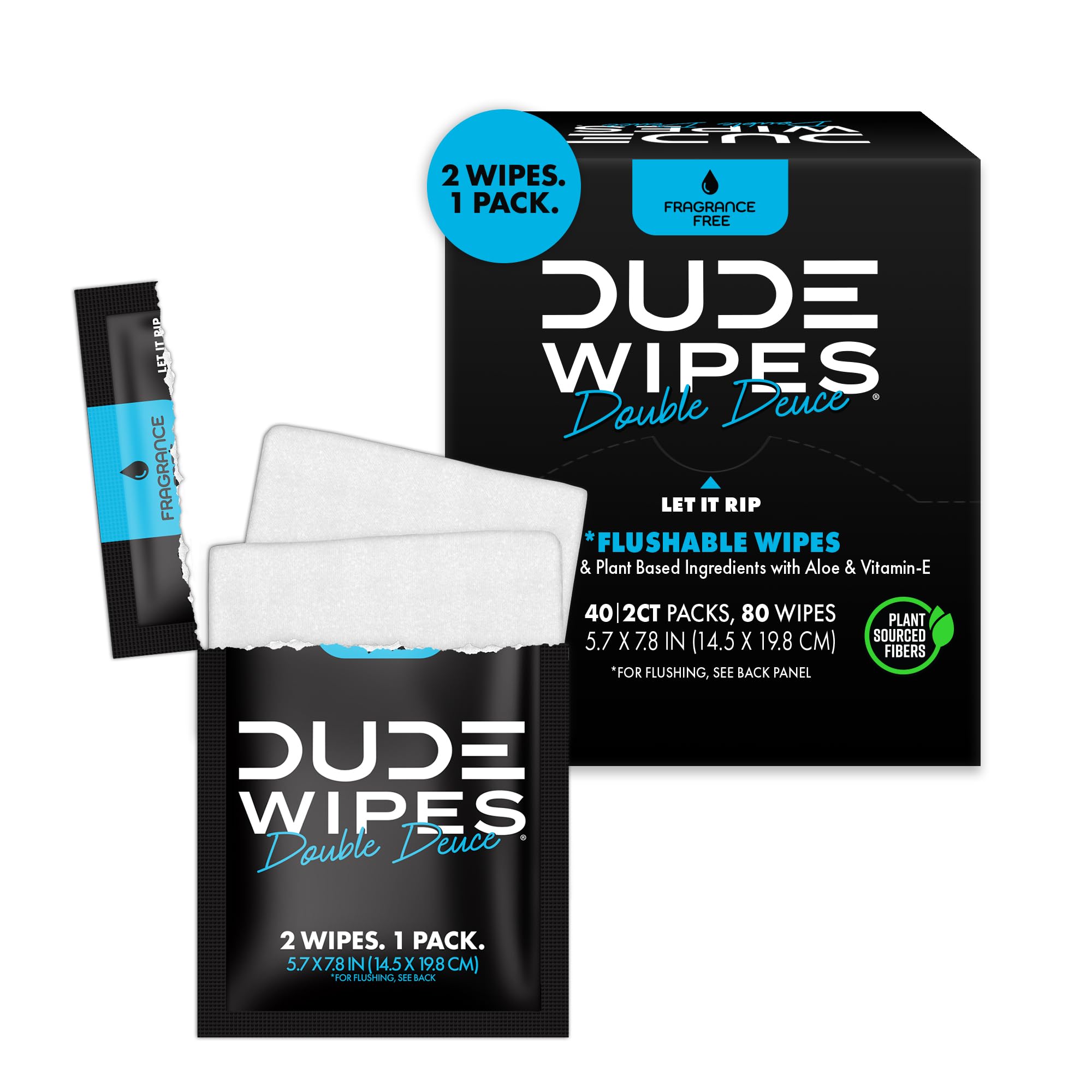 Toallitas húmedas DUDE - Double Deuce - Toallitas desechables dos en uno para llevar - Paquete de 2, 80 toallitas - Toallitas extragrandes sin perfume, envueltas individualmente con vitamina E y aloe - Aptas para fosas sépticas y alcantarillas