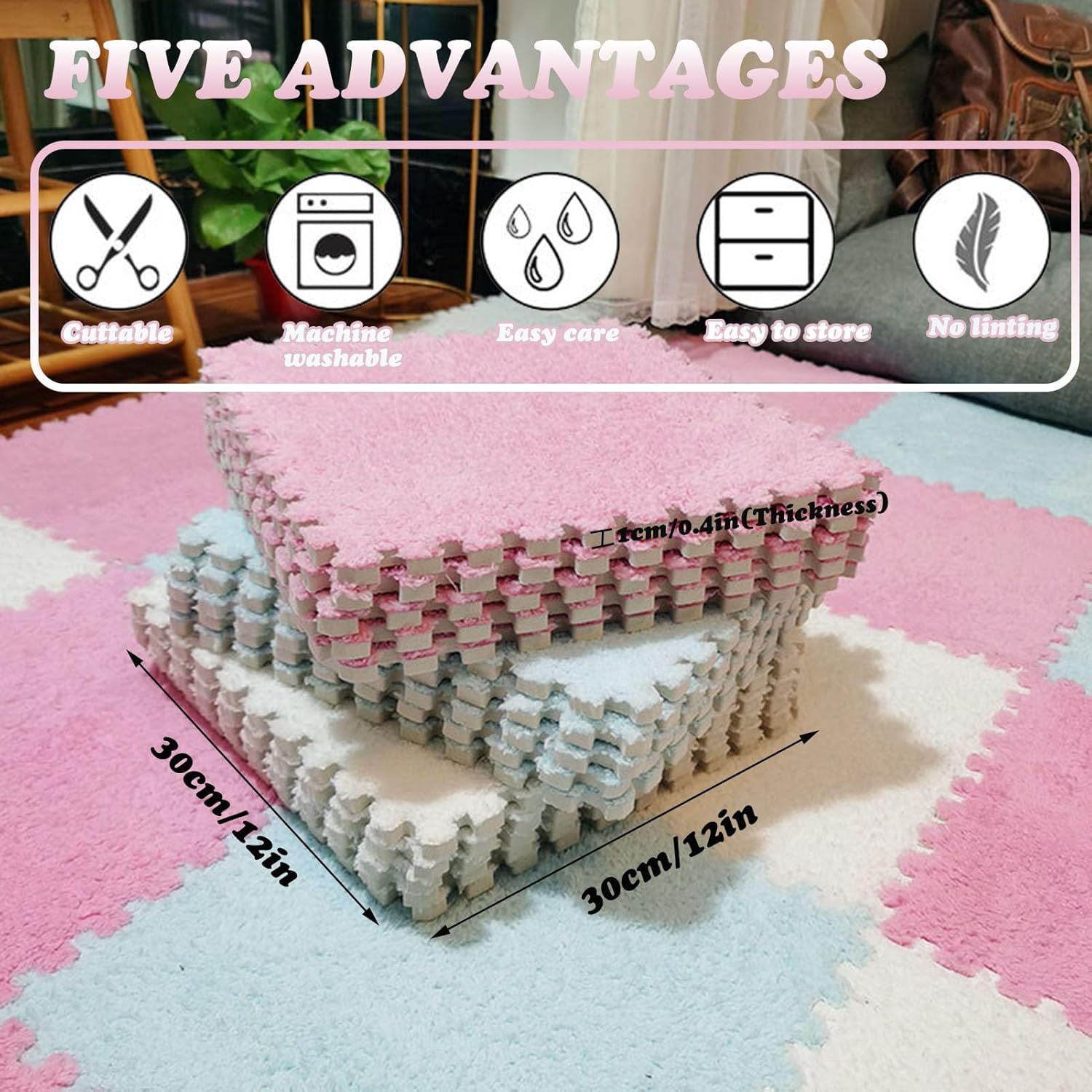 LNNNW Miękka Pluszowe maty puzzle 10 sztuk pluszowej maty podłogowej z pianki, blokujący kwadratowy dywan z puzzlami, dywan antypoślizgowy, łatwy do czyszczenia(Mint Green+White)