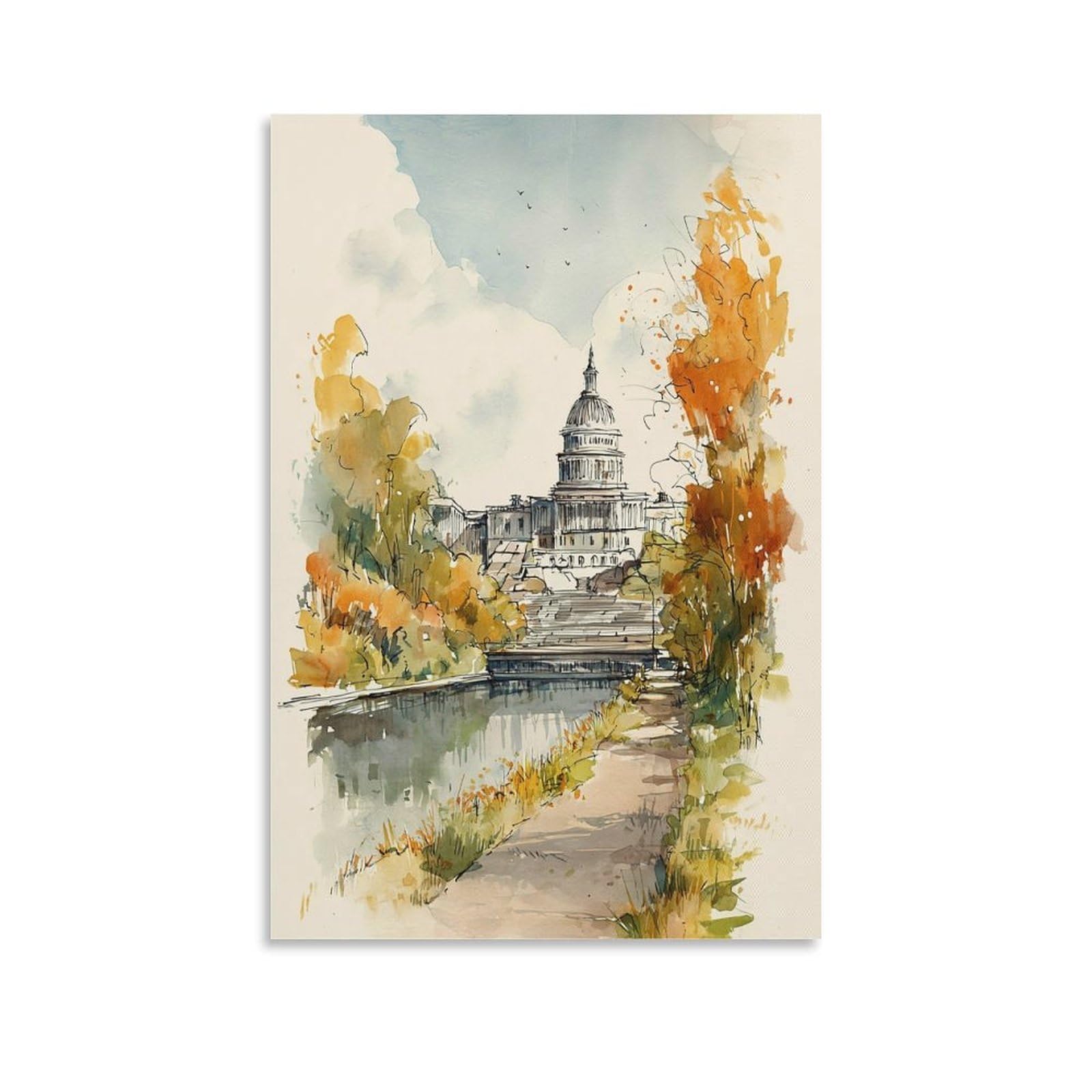 CNAHEIZ Washington Watercolor Autumn Cityscape 20x30inch(50x75cm) Vintage Travel Poster Watercolor Canvas Art