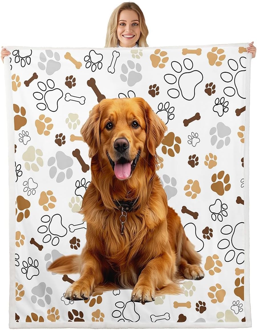 Castle Fairy Cute Dog Fleece Blanket,Cartoon Puppy Pet Animals Plush Blanket for Kids Teens,Lovely Room Decor,Black Paw Print Flannel Blanket,Twin 60"x80"