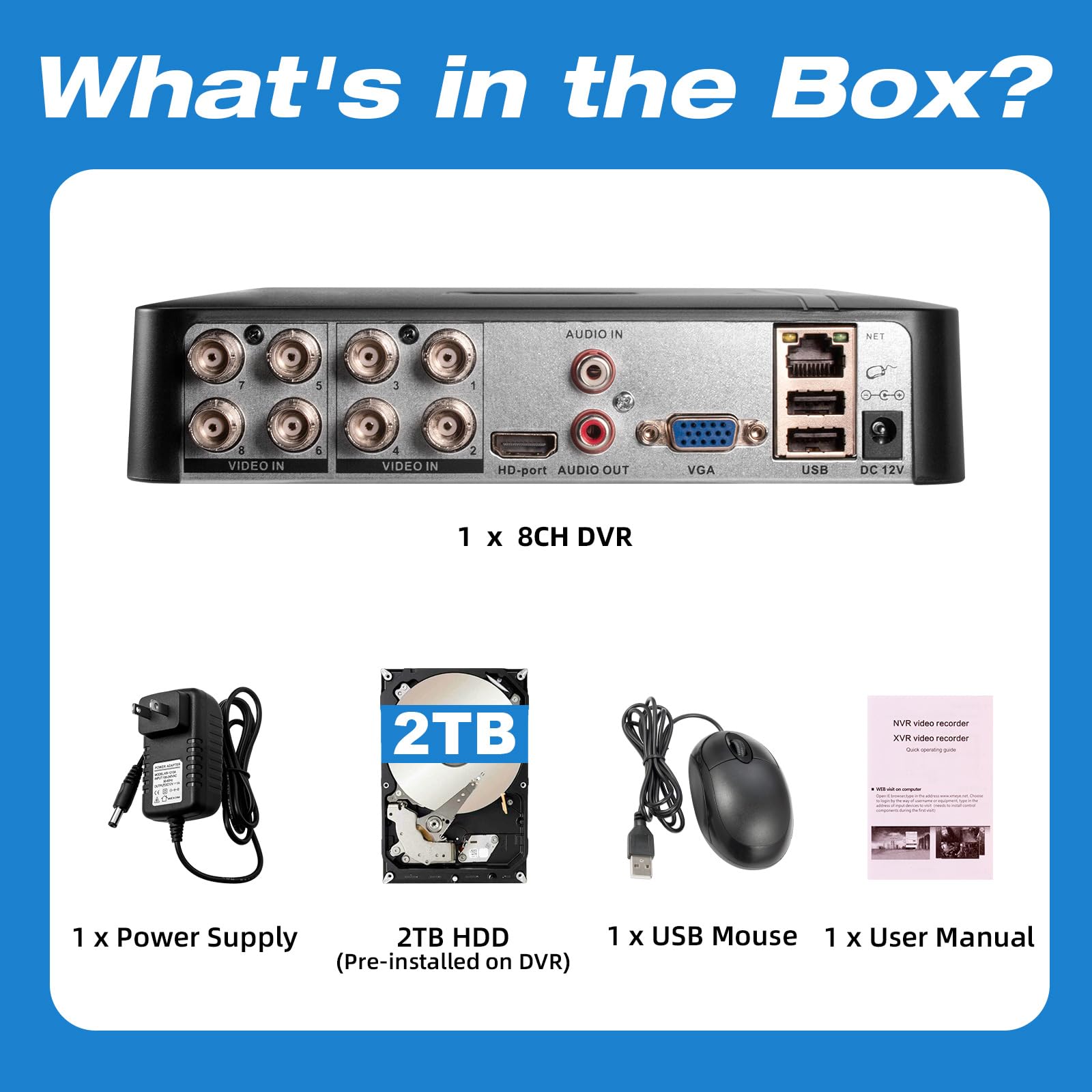 Enregistreur vidéo numérique 8 canaux 5 MP CCTV DVR H.265+ Sécurité 8CH avec disque dur de 2 To, hybride 5 en 1 (TVI/AHD/CVI/CVBS/IPC) DVR filaire pour caméra de sécurité, accès à distance