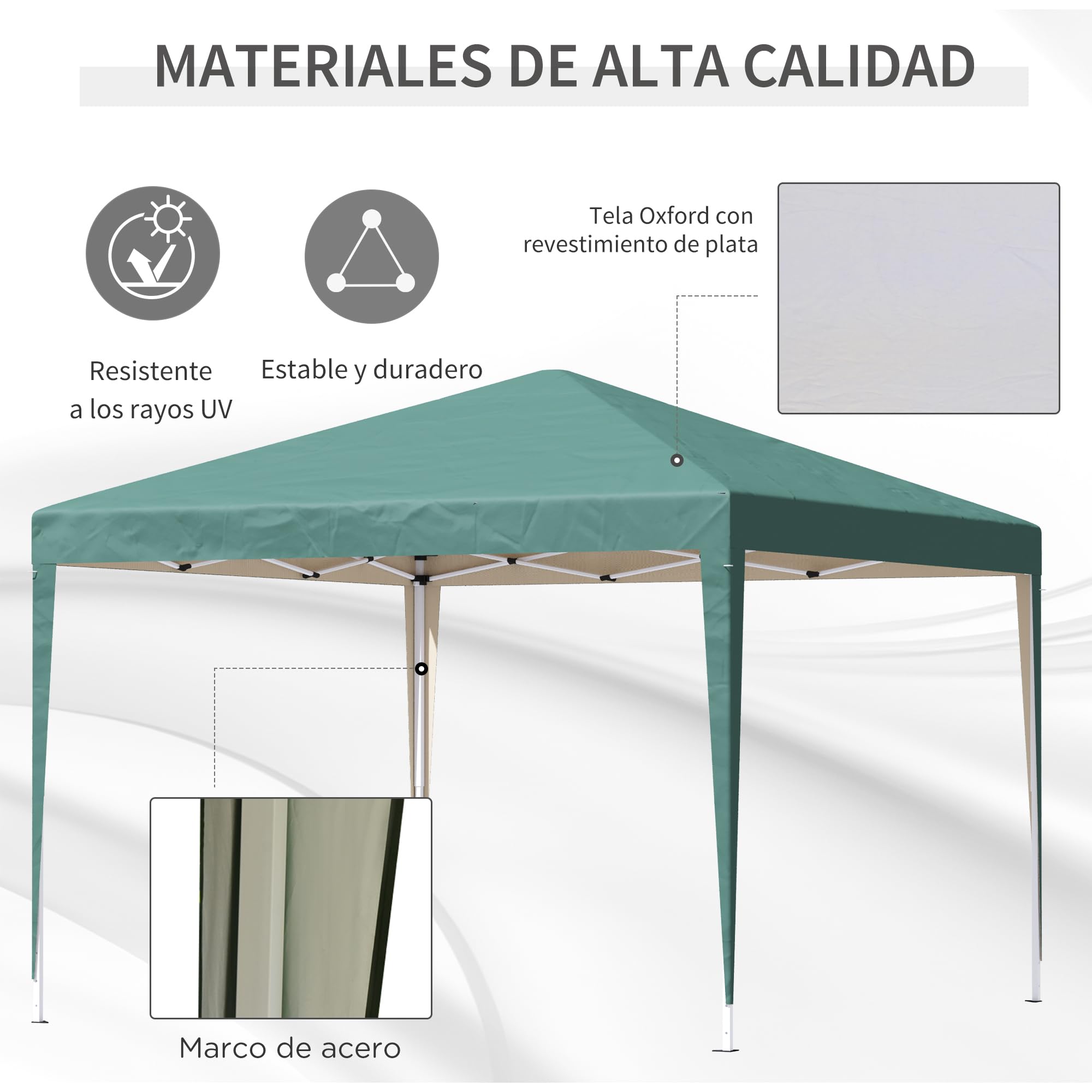 Outsunny Carpa Plegable Gazebo 3x3 m Cenador Plegable con Altura Ajustable en 3 Niveles Toldo Anti-UV y Bolsa de Transporte para Camping Fiestas Verde
